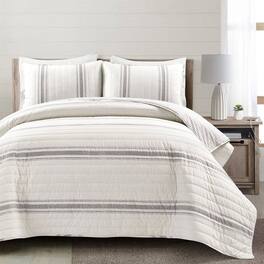 Hivvago - King Size Grey White 3 Piece Stripe Reversible Cotton Quilt Set - Grey, White