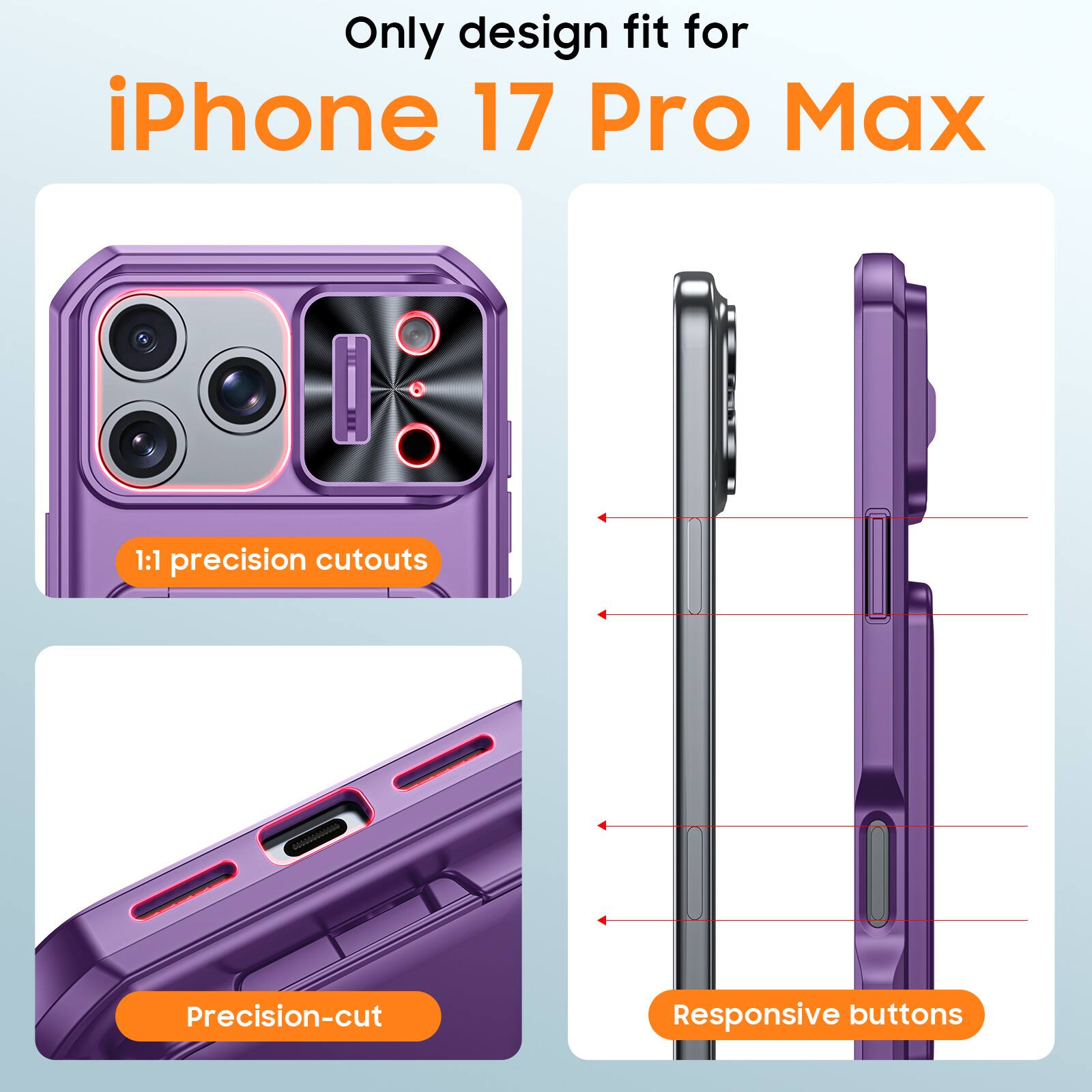 Only design fit for iPhone 17 Pro Max

1:1 precision cutouts

Precision-cut

Responsive buttons