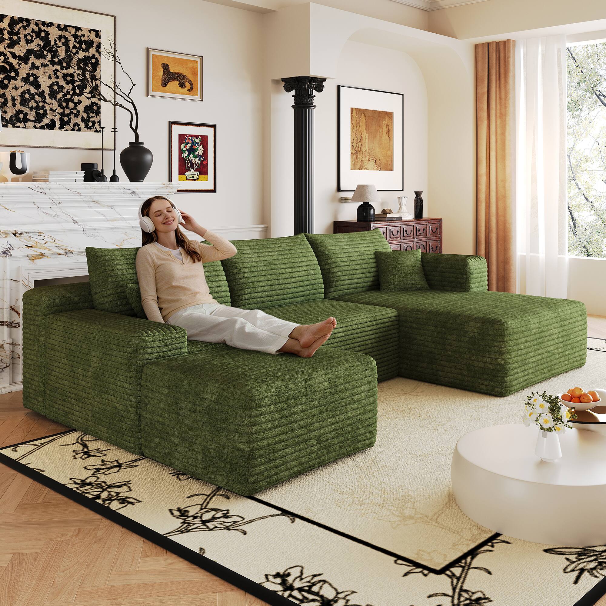 Alt View 5. Meqiodas - Modular Sectional Sofa, L Shaped Could Couch with Ottoman, Wide Deep Seat Comfy Couch for Living Room, Bedroom - Green.