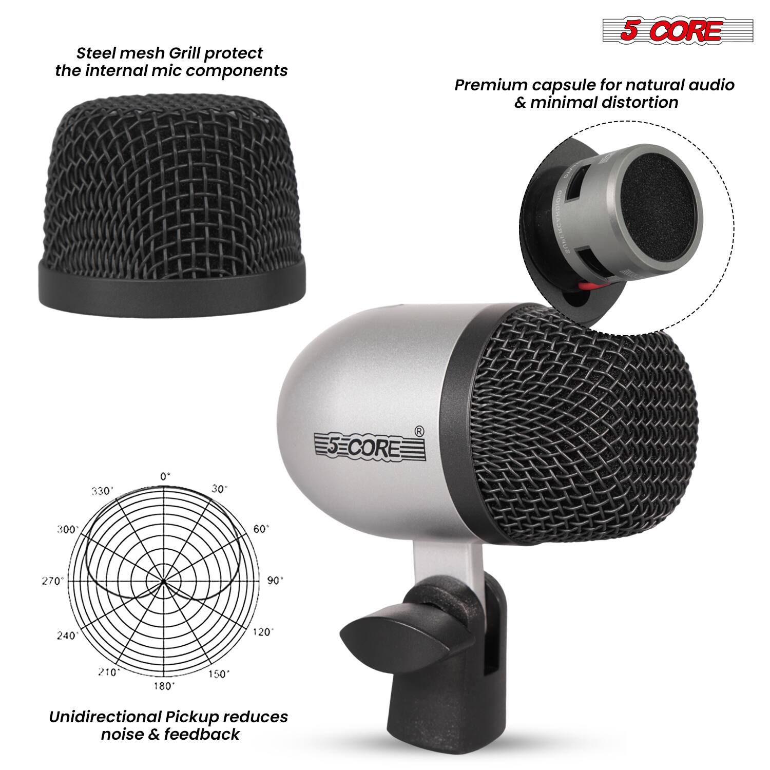 Steel mesh Grill protect the internal mic components

Premium capsule for natural audio & minimal distortion

Unidirectional Pickup reduces noise & feedback