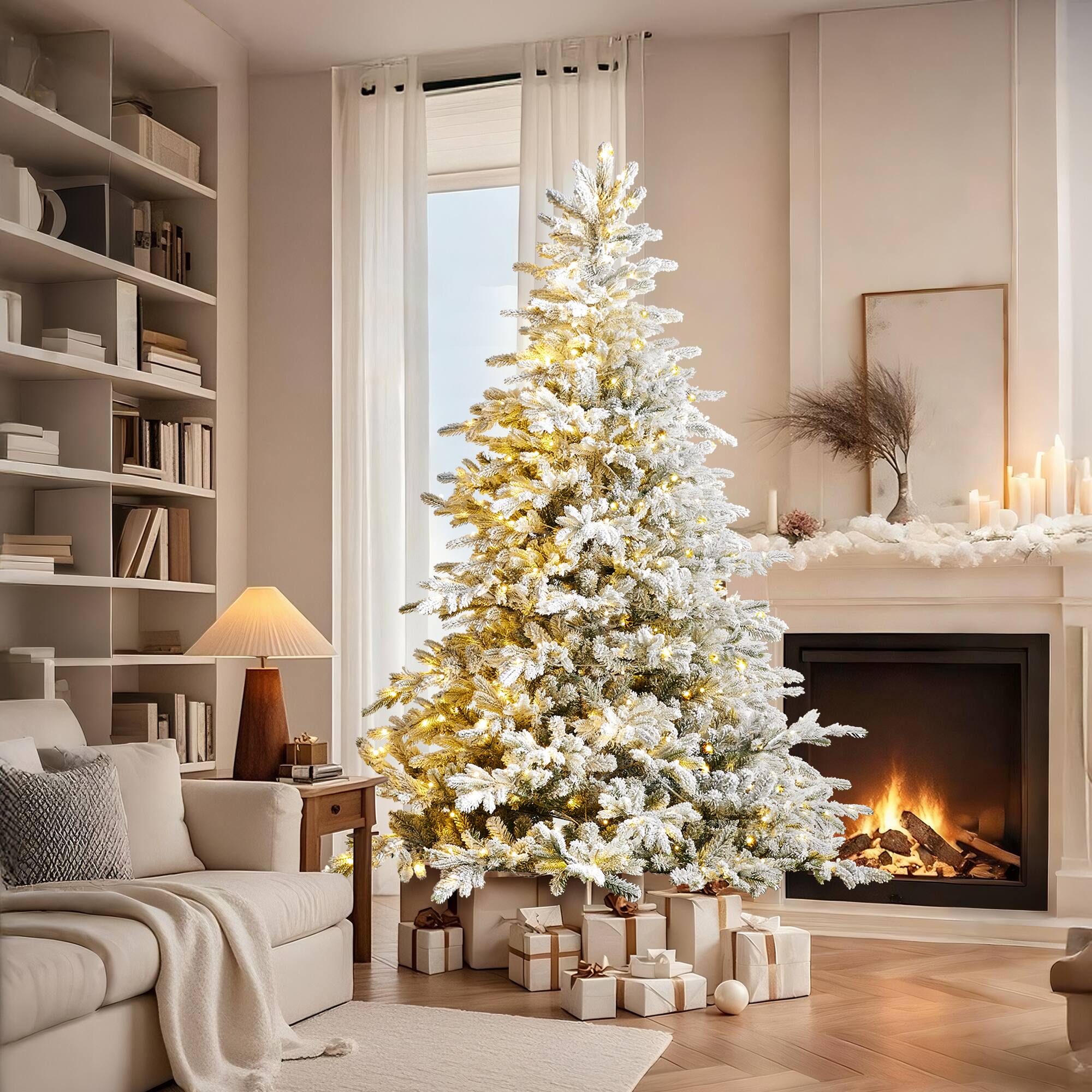Alt View 8. Glitzhome - 7.5ft Pre-Lit Flocked Full Fir Artificial Christmas Tree with 580 LED Lights - White.