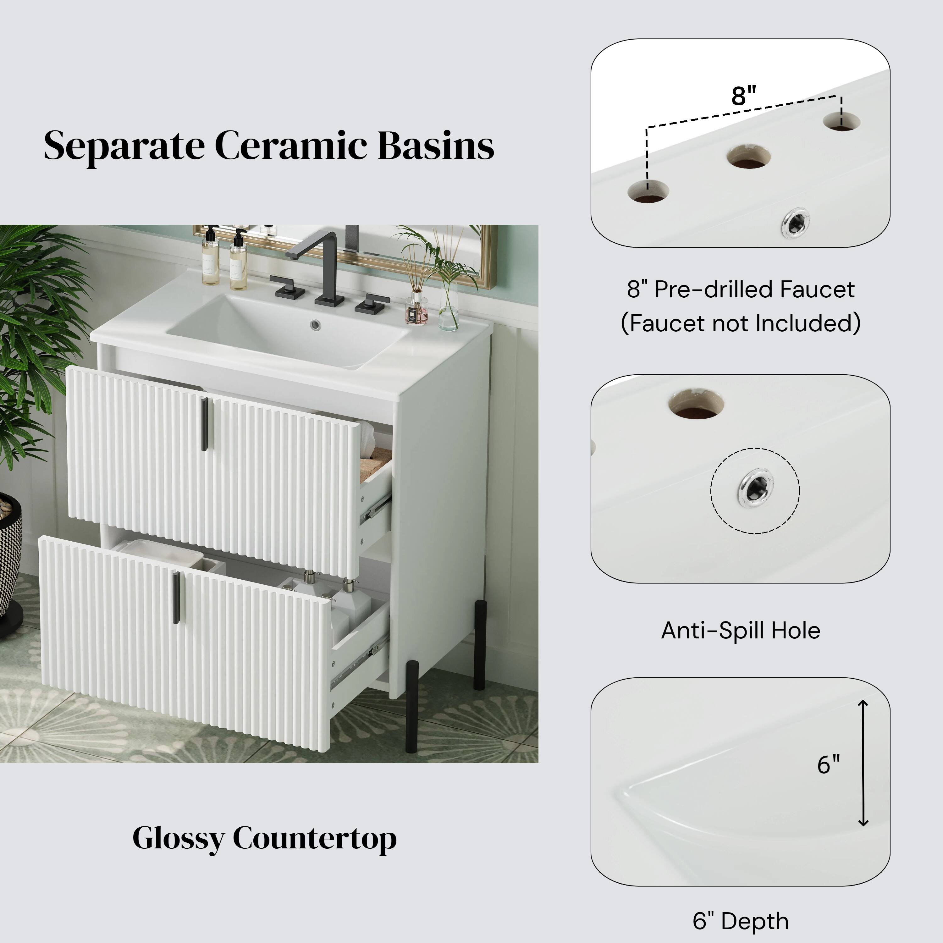 Separate Ceramic Basins  
8" Pre-drilled Faucet (Faucet not Included)  
Anti-Spill Hole  
Glossy Countertop  
6" Depth