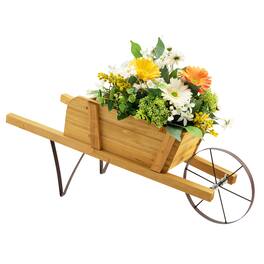 Costway - Wooden Wagon Planter Decorative Indoor/Outdoor Rustic Flower Cart with Wheel - Beige