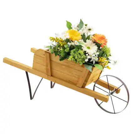Front. Costway - Wooden Wagon Planter Decorative Indoor/Outdoor Rustic Flower Cart with Wheel - Beige.