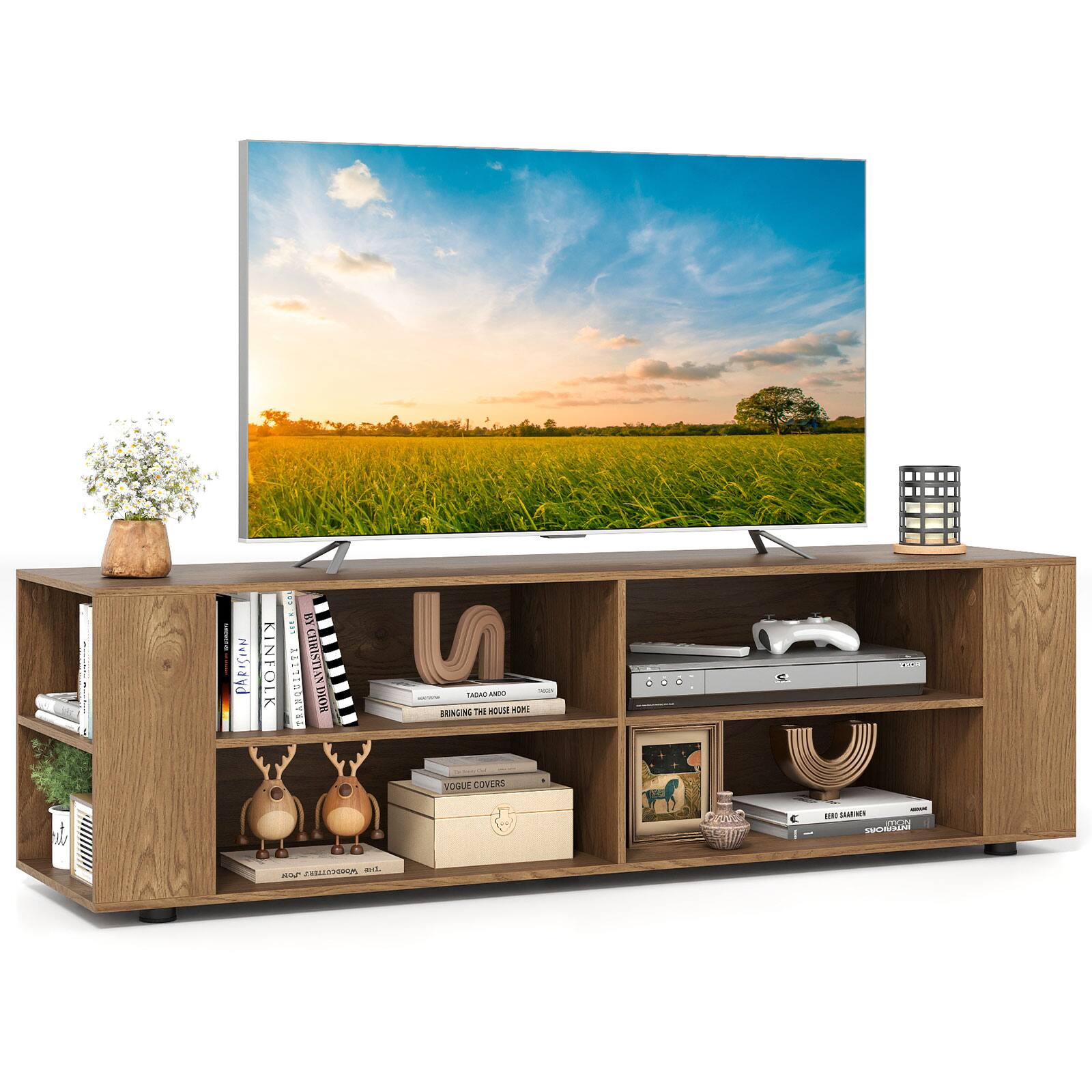 Costway - 59'' Wood TV Stand Console Storage Entertainment Media Center with Shelf - Natural