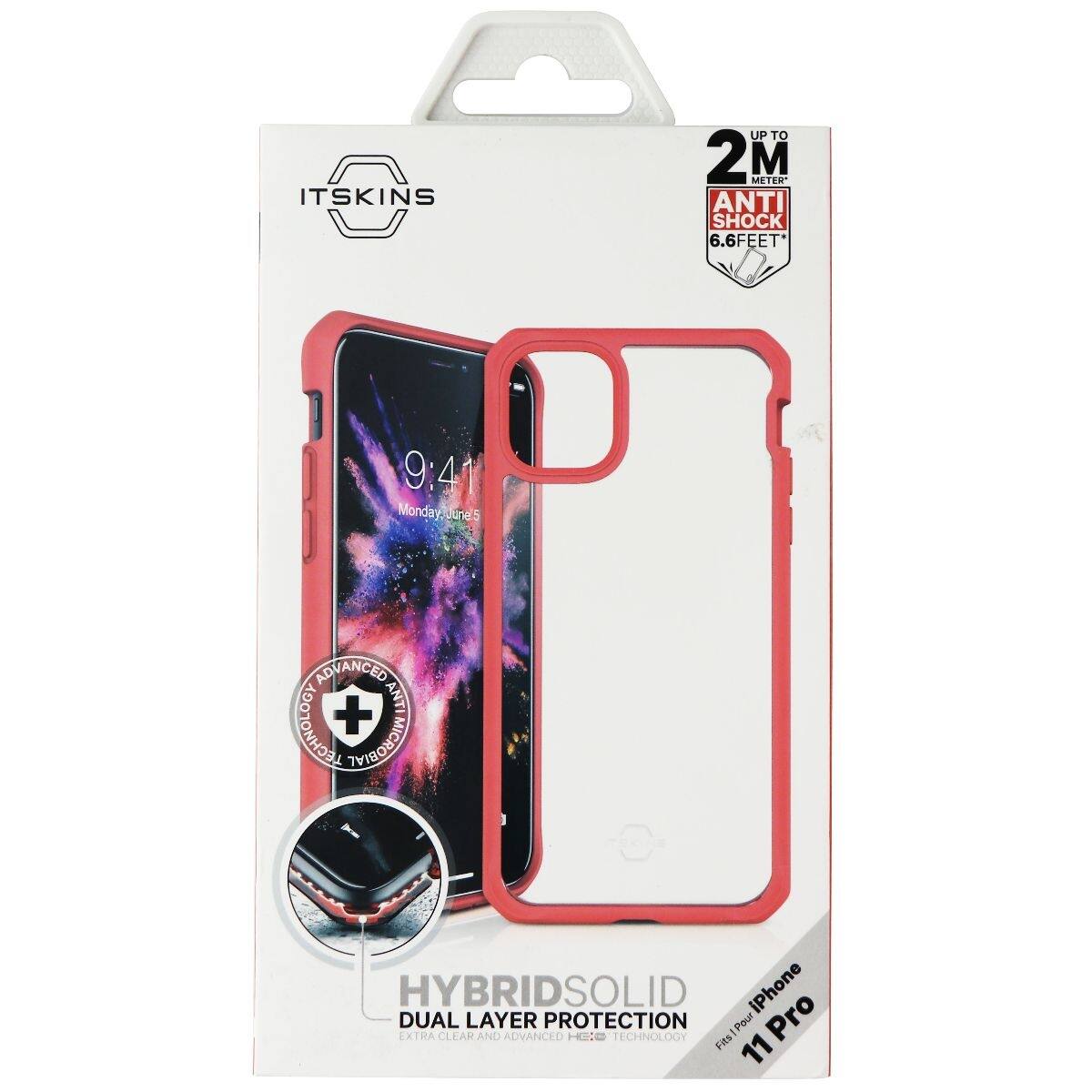 ITSKINS UP TO 2 METER" M ANTI SHOCK 6.6FEET 9:41 Monday June 5 ADVANCED ANTI TECHNOLOGY + MICROBIAL HYBRID SOLID iPhone EXTRA DUAL CLEAR LAYER AND ADVANCED PROTECTION Fits Pour iPhone 11 Pro