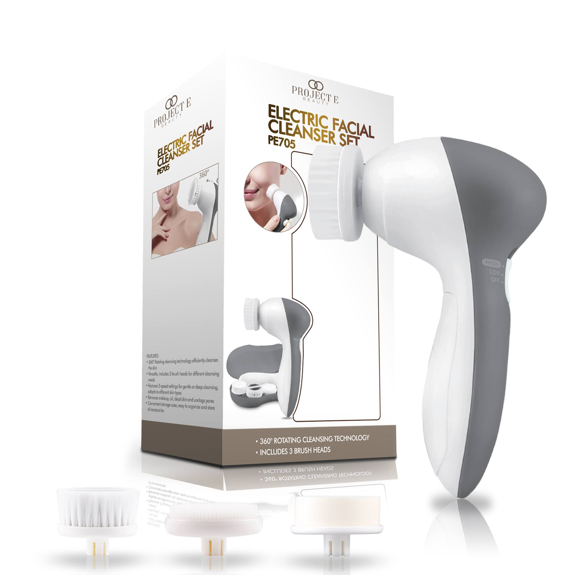 PROJECT E BEAUTY ELECTRIC FACIAL CLEANSER SET PE705 SFT

HIGH LOW OFF

BAUER 360° rotating cleansing technology efficiently cleanses deeply. Includes 3 different dressing features: Type A for gentle cleansing, Type B for deep cleansing, and Type C for makeup removal. Comes with a charging base for easy organization and storage.

360° ROTATING CLEANSING TECHNOLOGY INCLUDES 3 BRUSH HEADS