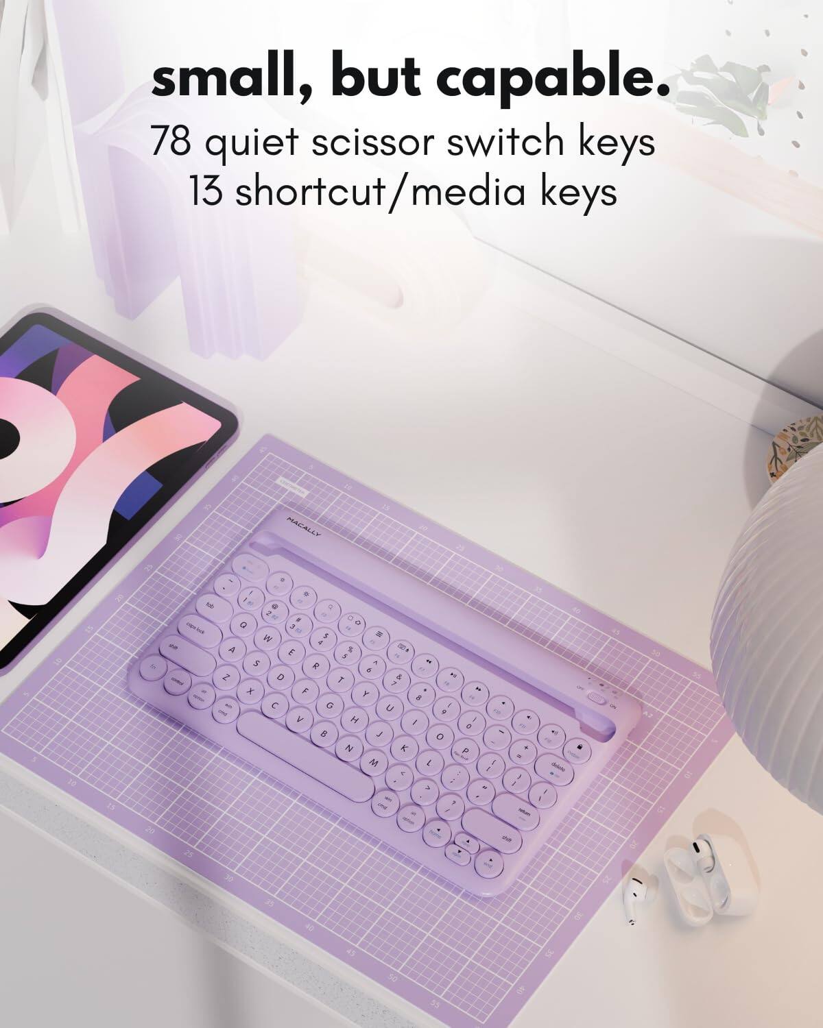 small, but capable.  
78 quiet scissor switch keys  
13 shortcut/media keys