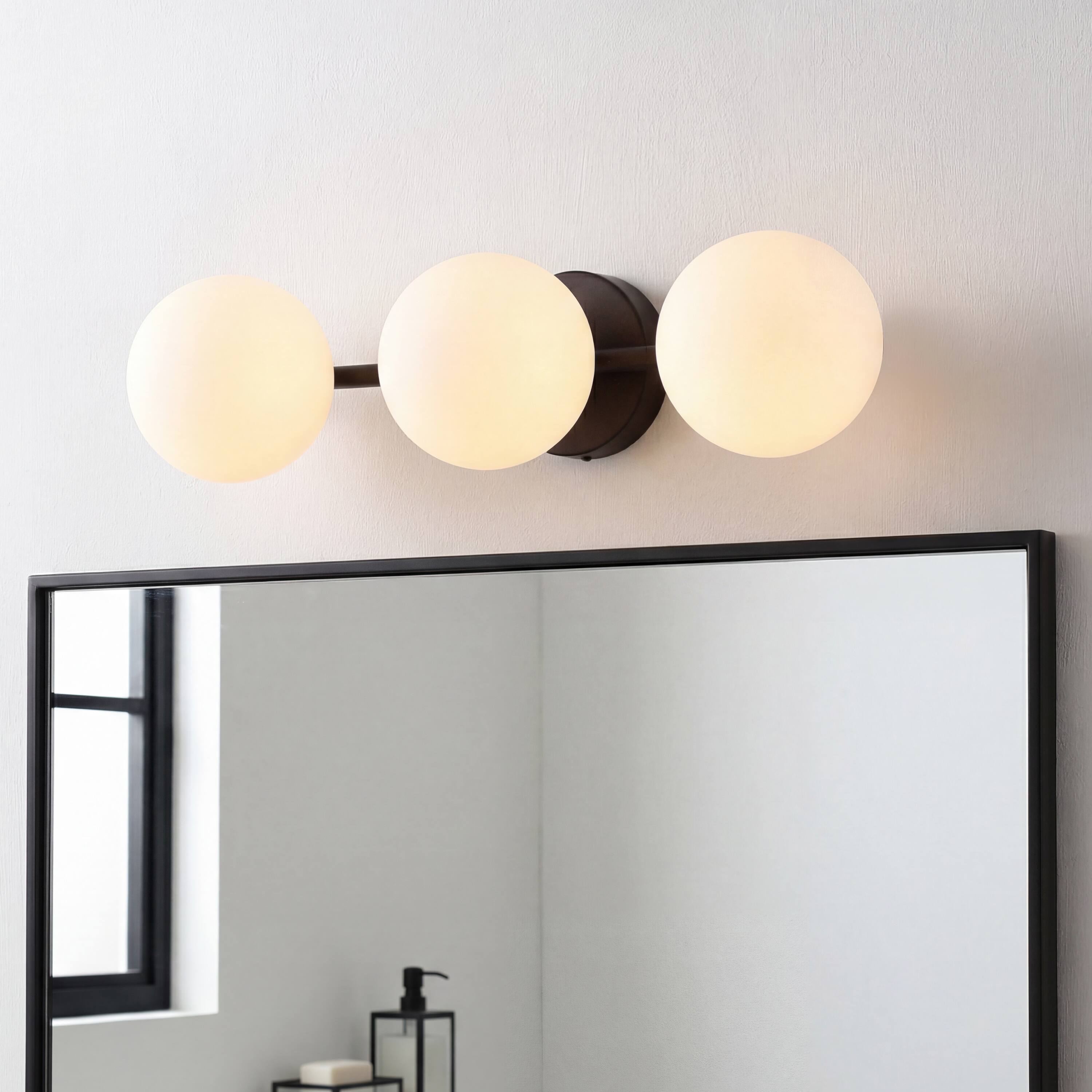 Alt View 1. Jonathan Y - Nash 23" Mid-Century Modern Oil Rubbed Bronze 3-Light Metal Vanity Light with White Glass Globe Shades Wall Sconce - Oil Rubbed Bronze.