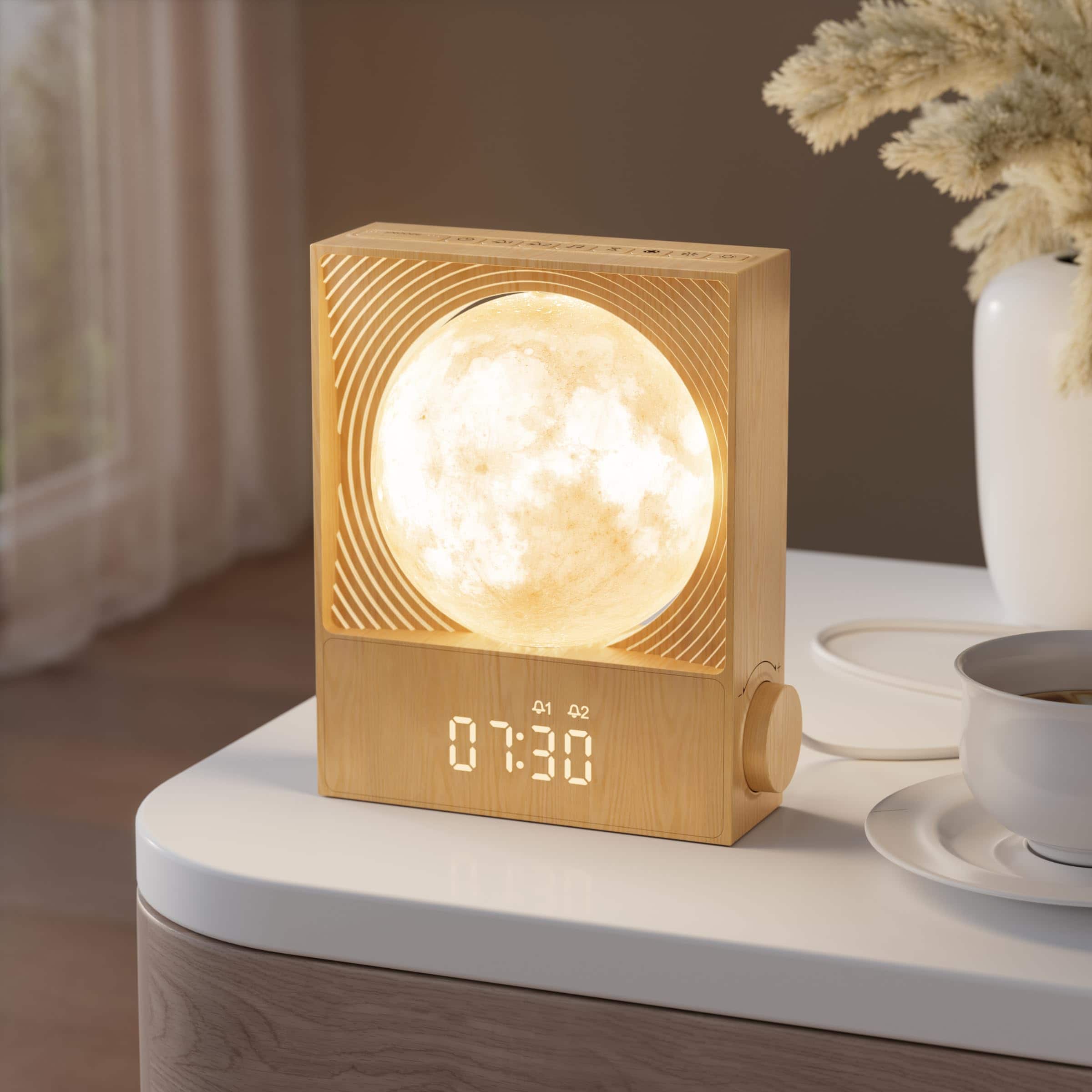 Dazzed Corner - Sunrise Alarm Clock with Rotatable Moon Light, Dual Alarm - Wood
