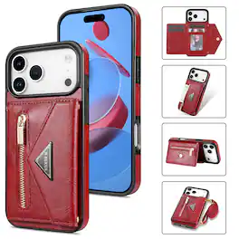 Dteck - Crossbody Zipper Wallet Case with Adjustable Lanyard for Apple iPhone 17 Pro Max Kickstand Cover - Red