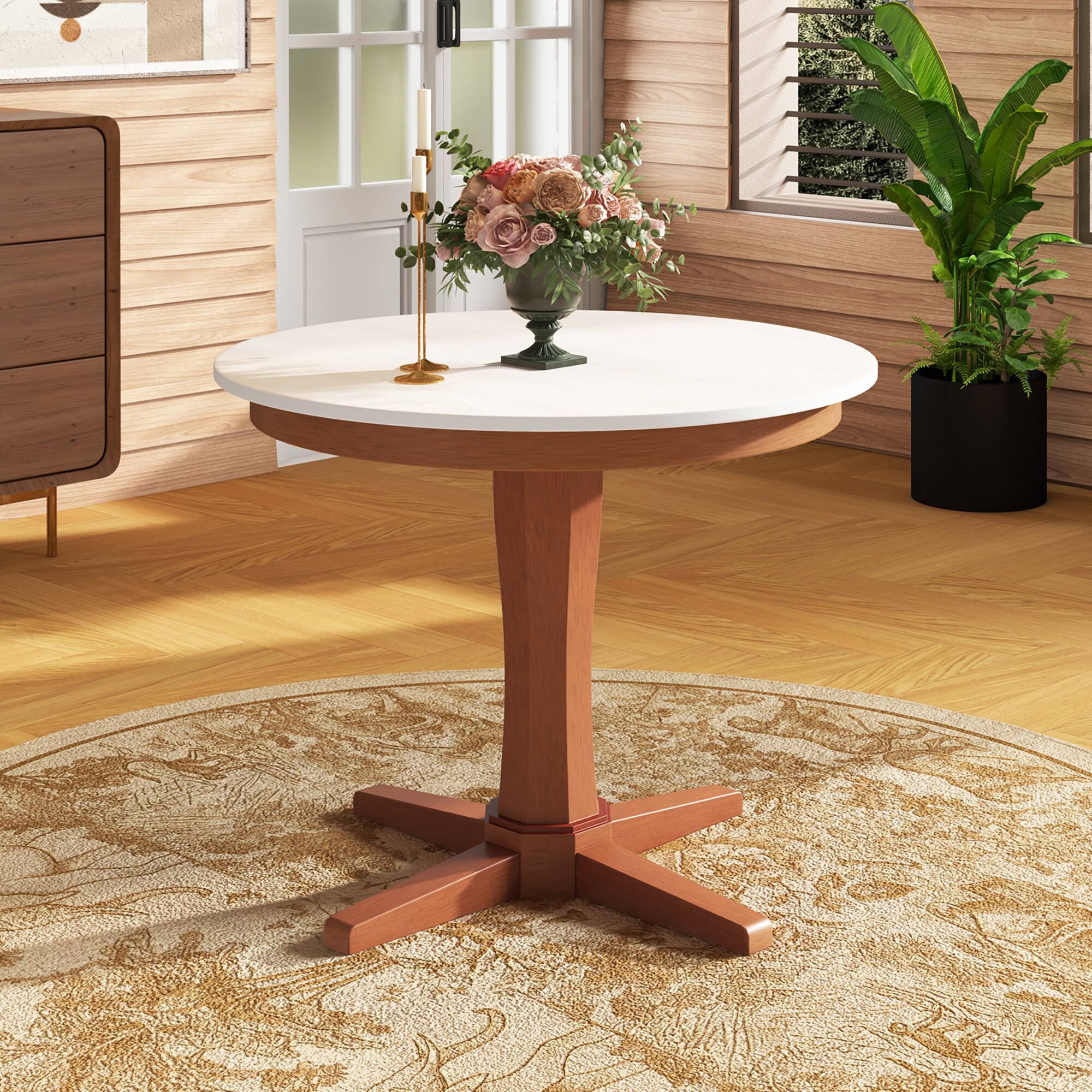 Alt View 1. Gymax - Gymax 36'' Round Dining Table for 4 People w/ Pedestal Base Solid Rubber Wood Frame - Cream White, Walnut.