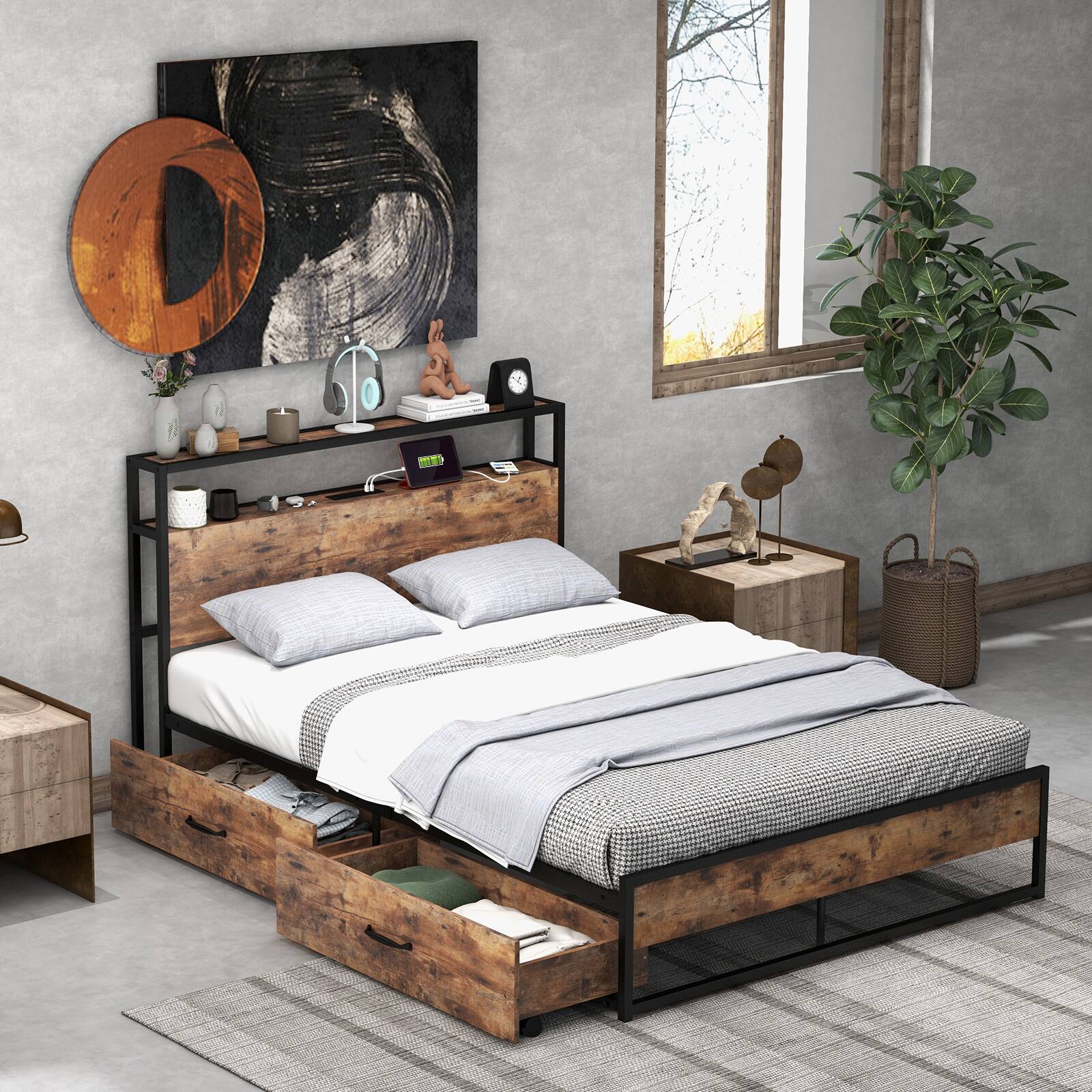 Alt View 1. Ecooso - Full Bed Frame with 2-Tier Storage Headboard and Charging Station - Brown.