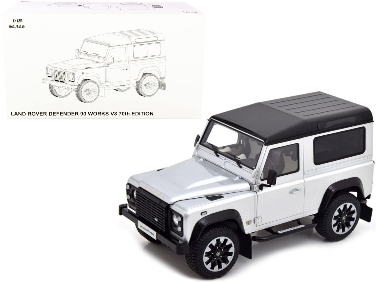 "Land Rover Defender 90 Works V8 Silver Metallic with Gloss Black Top ""70th Edition"" 1/18 Diecast Model Car by LCD Models" price history on PriceWatchPro