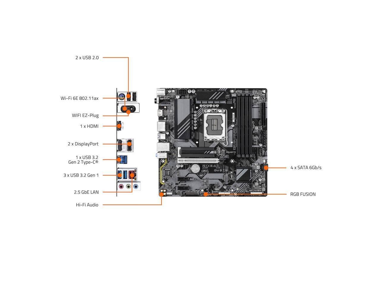 2 x USB 2.0  
Wi-Fi 6E 802.11ax  
WIFI EZ-Plug  
1 x HDMI  
2 x DisplayPort  
1 x USB 3.2 Gen 2 Type-C  
3 x USB 3.2 Gen 1  
2.5 GbE LAN  
RGB FUSION  
Hi-Fi Audio  
4 x SATA 6Gb/s