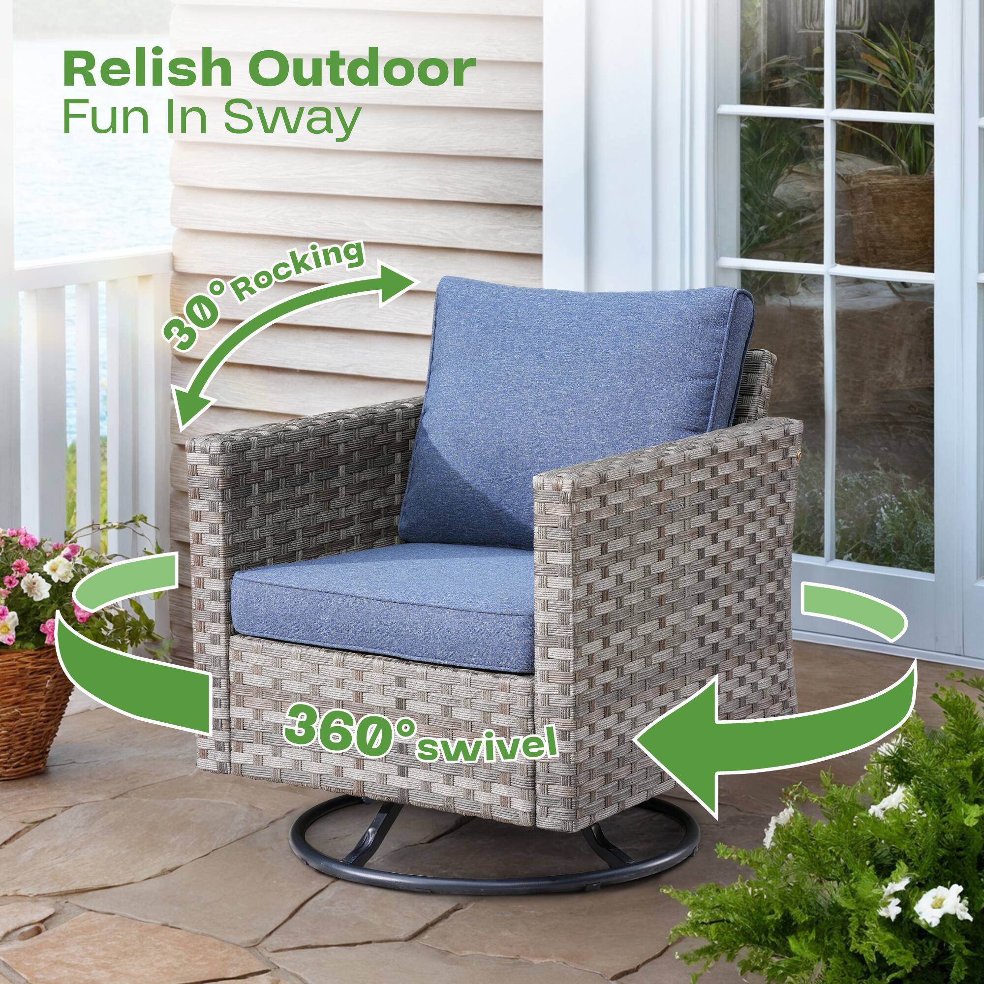 Relish Outdoor Fun In Sway

30° Rocking

360° Swivel