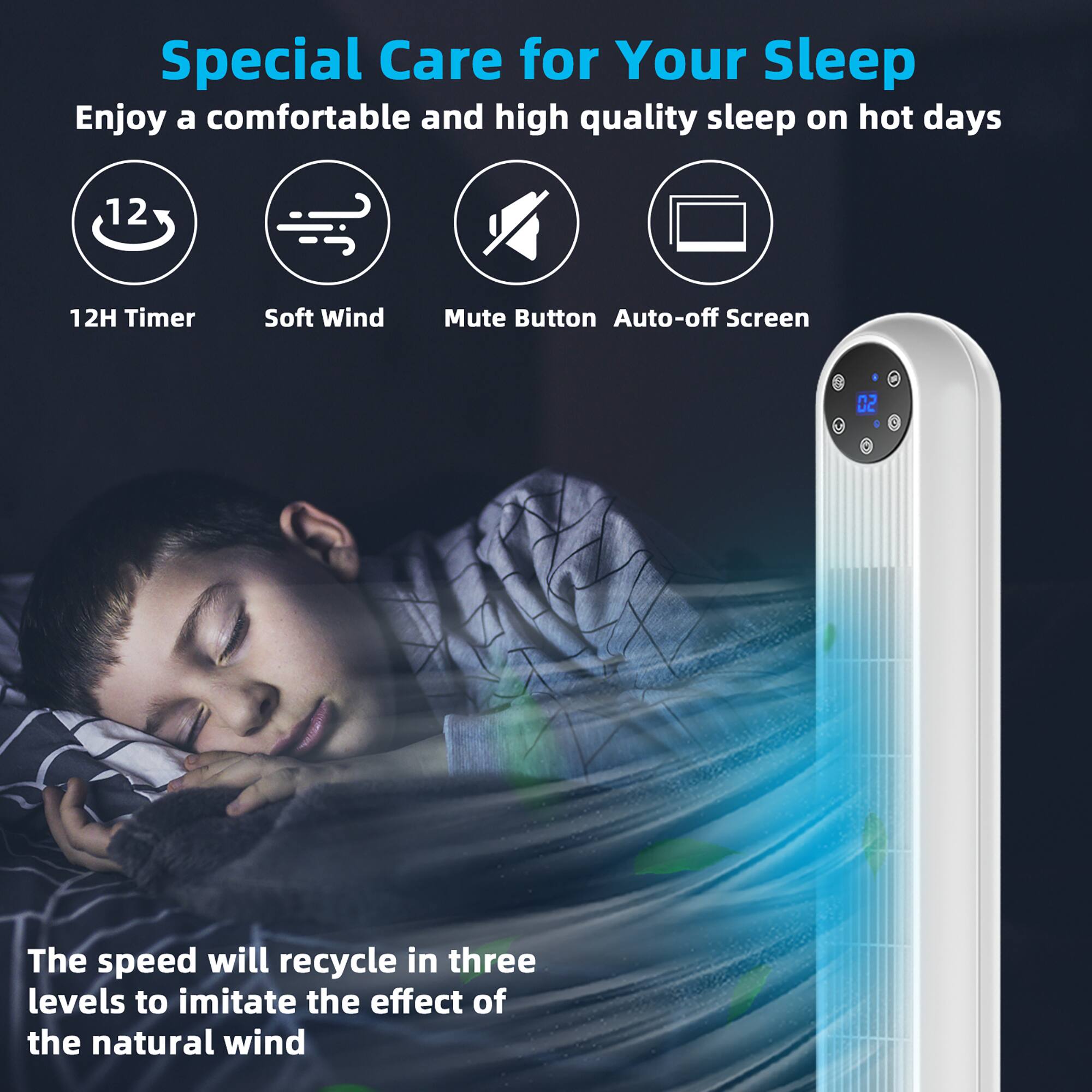 Special Care for Your Sleep: Enjoy a comfortable and high-quality sleep on hot days with our 12-hour timer, soft wind, mute button, and auto-off screen. The speed will recycle in three levels to imitate the effect of the natural wind.