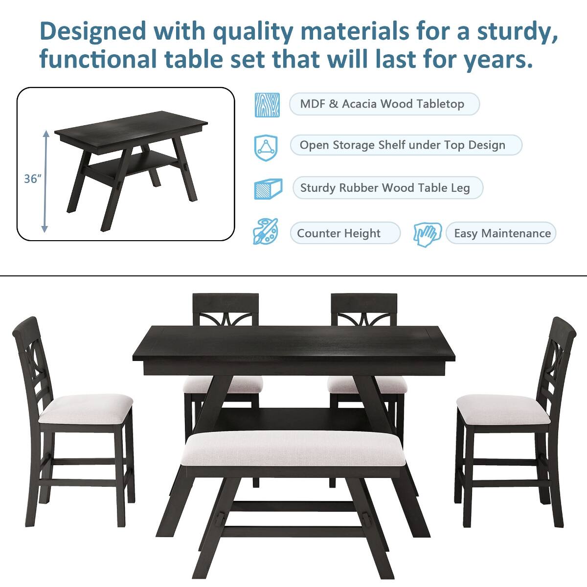 Designed with quality materials for a sturdy, functional table set that will last for years.

- MDF & Acacia Wood Tabletop
- Open Storage Shelf under Top Design
- 36" Counter Height
- Sturdy Rubber Wood Table Leg
- Easy Maintenance