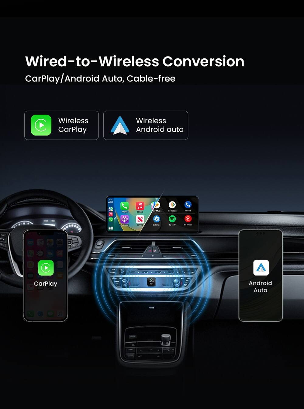 Wired-to-Wireless Conversion  
CarPlay/Android Auto, Cable-free  
Wireless CarPlay  
Wireless Android Auto