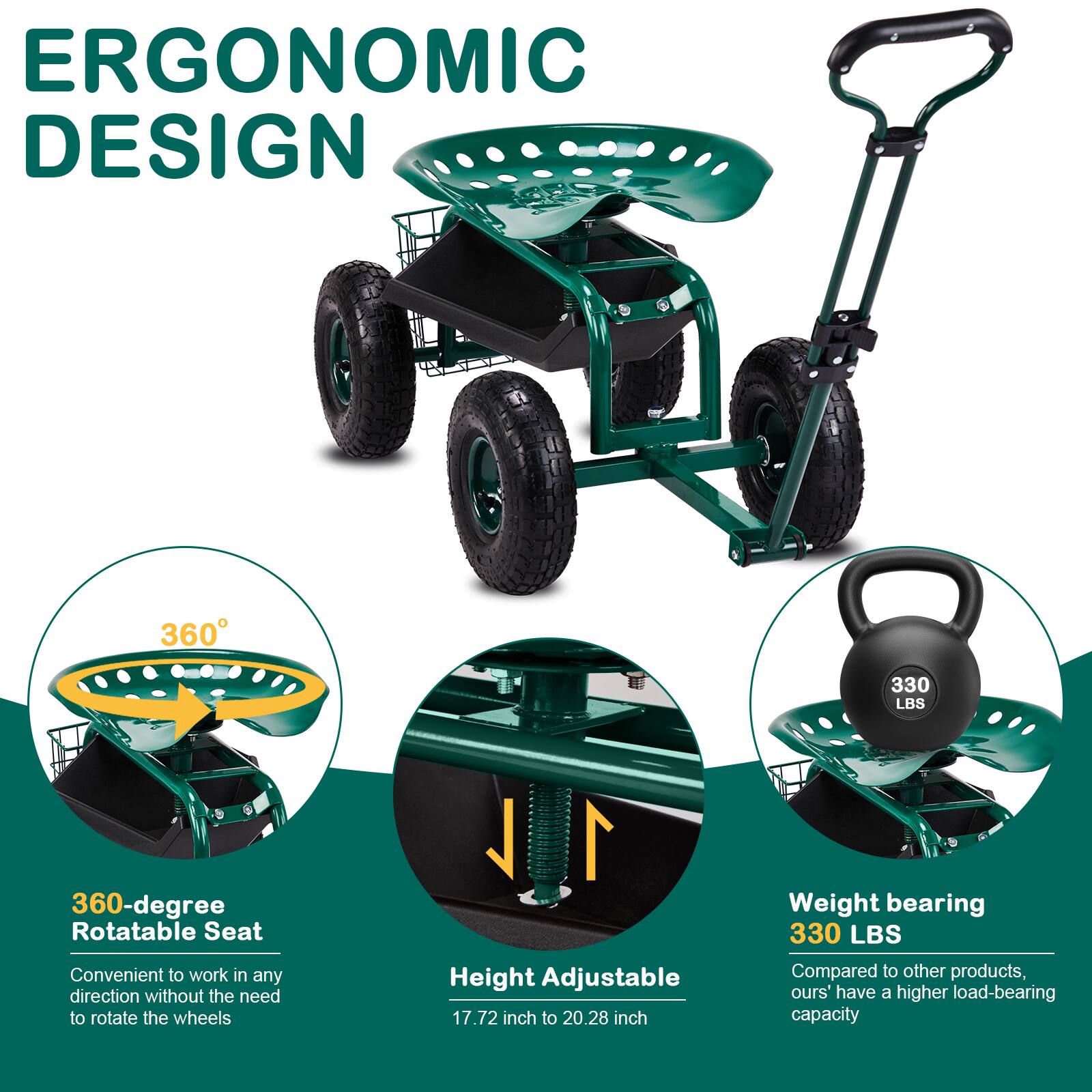 ERGONOMIC DESIGN

360-degree Rotatable Seat  
Convenient to work in any direction without the need to rotate the wheels

Height Adjustable  
17.72 inch to 20.28 inch

Weight bearing  
330 LBS  
Compared to other products, ours have a higher load-bearing capacity
