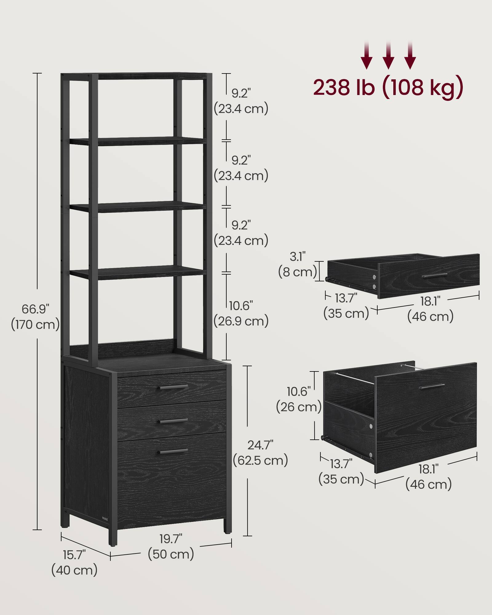 66.9" (170 cm)  
238 lb (108 kg)  

Shelf dimensions:  
- Height: 9.2" (23.4 cm)  
- Depth: 10.6" (26.9 cm)  

Drawer dimensions:  
- Height: 3.1" (8 cm)  
- Width: 18.1" (46 cm)  
- Depth: 13.7" (35 cm)  

Overall dimensions:  
- Height: 66.9" (170 cm)  
- Width: 24.7" (62.5 cm)  
- Depth: 19.7" (50 cm)  

Base dimensions:  
- Width: 15.7" (40 cm)  
- Depth: 19.7" (50 cm)