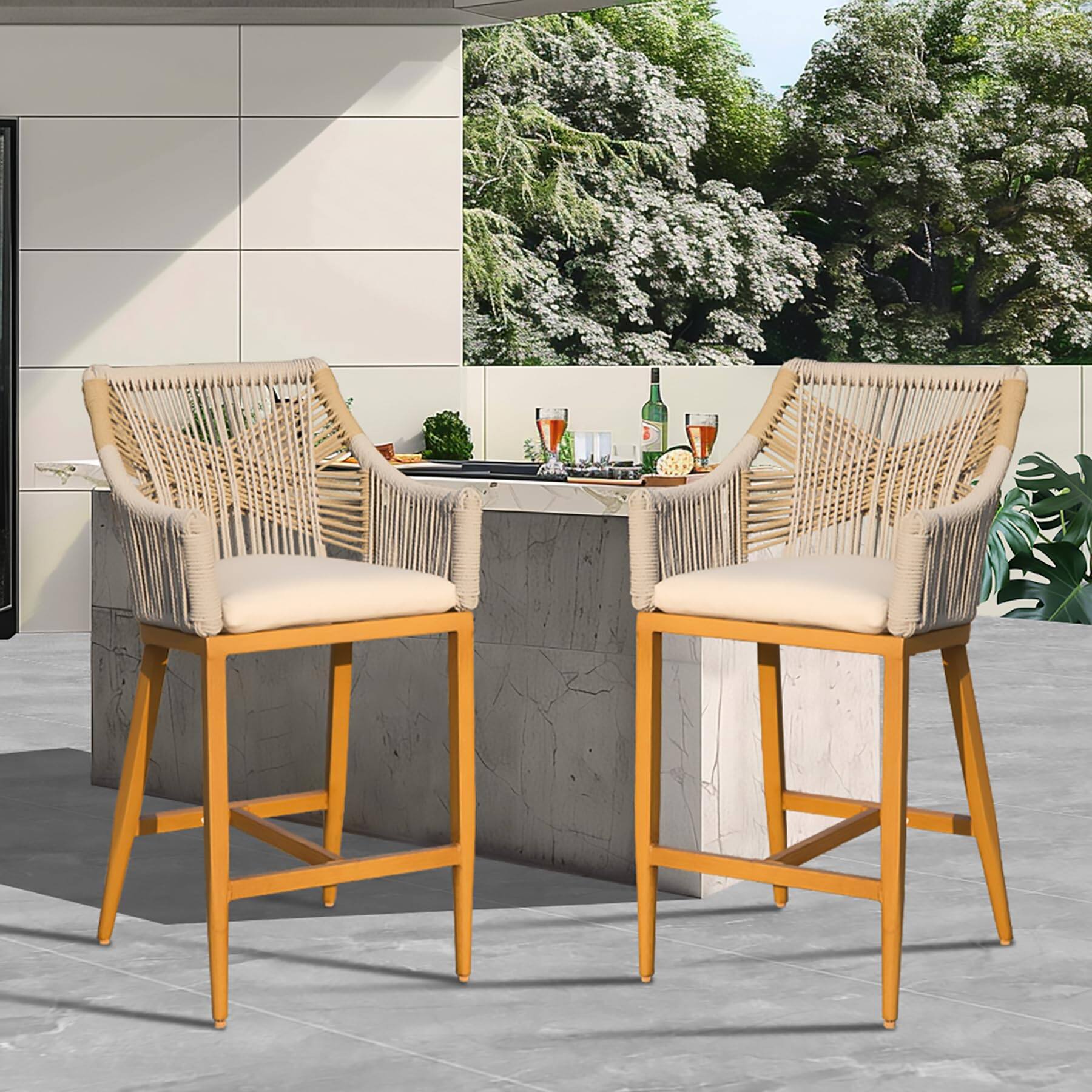 Alt View 7. Boyel Living - Set of 2 Outdoor Counter Height Bar Stools with Arms Backrest Aluminum Frame Rope Design with Cushions - khaki.