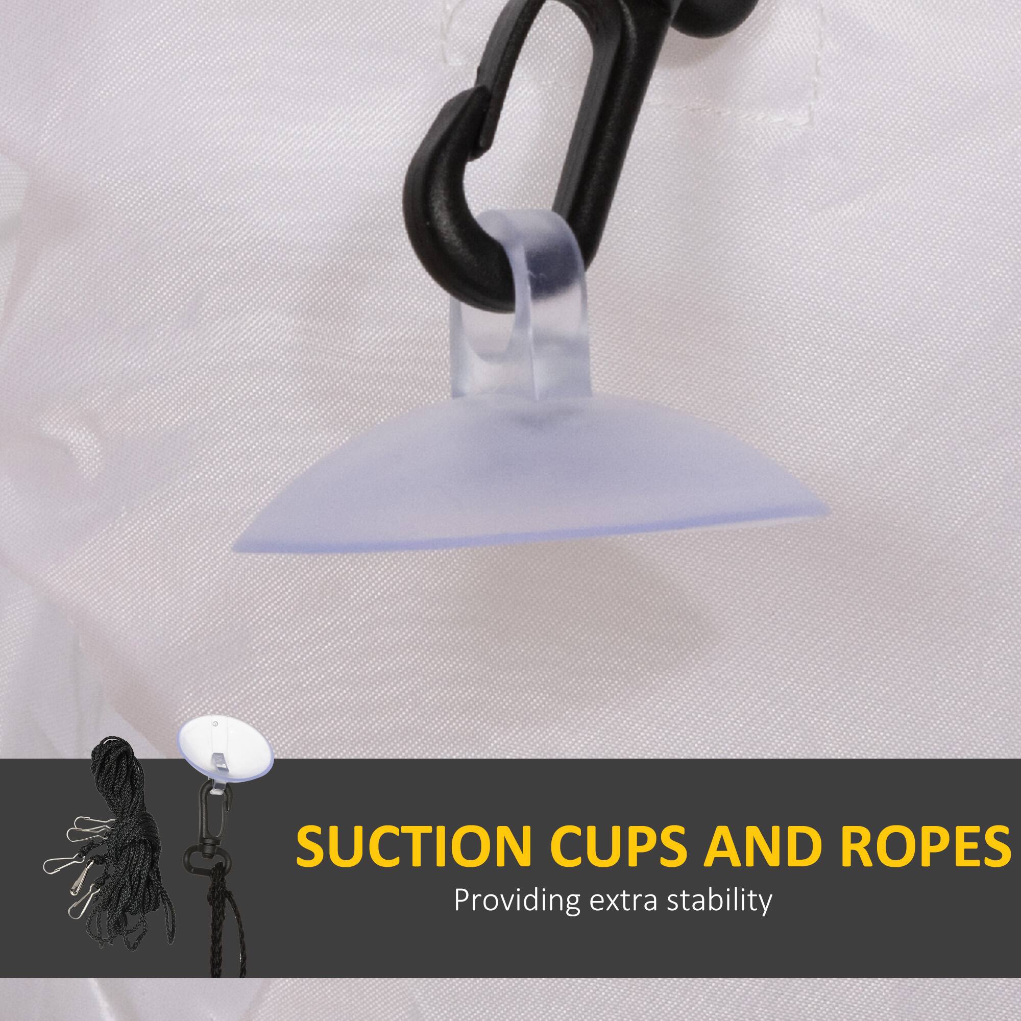 Suction cups and ropes providing extra stability.