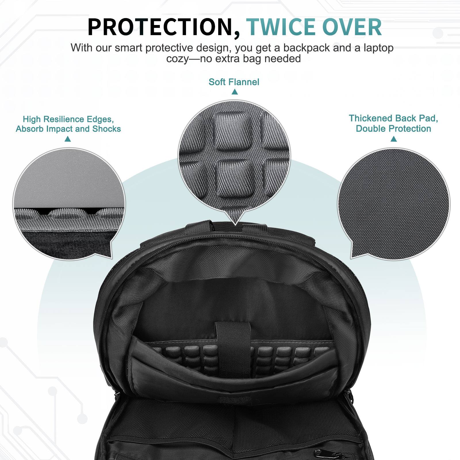 PROTECTION, TWICE OVER

With our smart protective design, you get a backpack and a laptop cozy—no extra bag needed

Soft Flannel

High Resilience Edges, Absorb Impact and Shocks

Thickened Back Pad, Double Protection