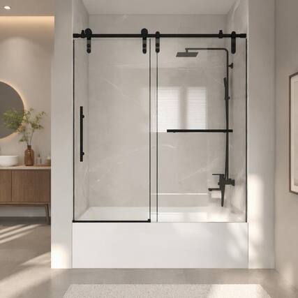 Front. RYHNUYNE - 56-60 In X 66 In H Frameless Sliding Bathtub Door, 5/16 In Clear Tempered Glass Matte Black Finish - Matte Black.