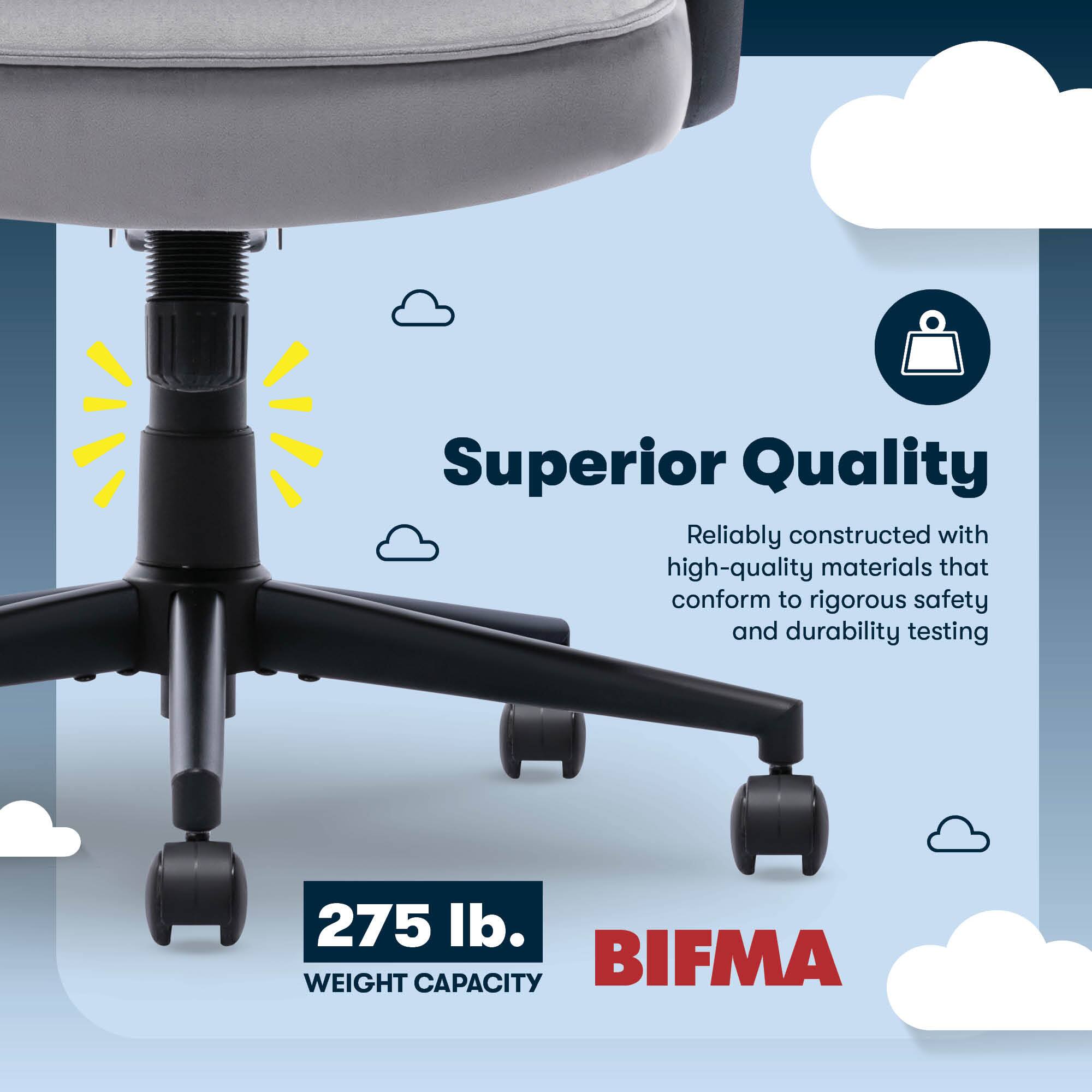 The text on the image reads: "Superior Quality. Reliably constructed with high-quality materials that conform to rigorous safety and durability testing. 275 lb. WEIGHT CAPACITY. BIFMA."