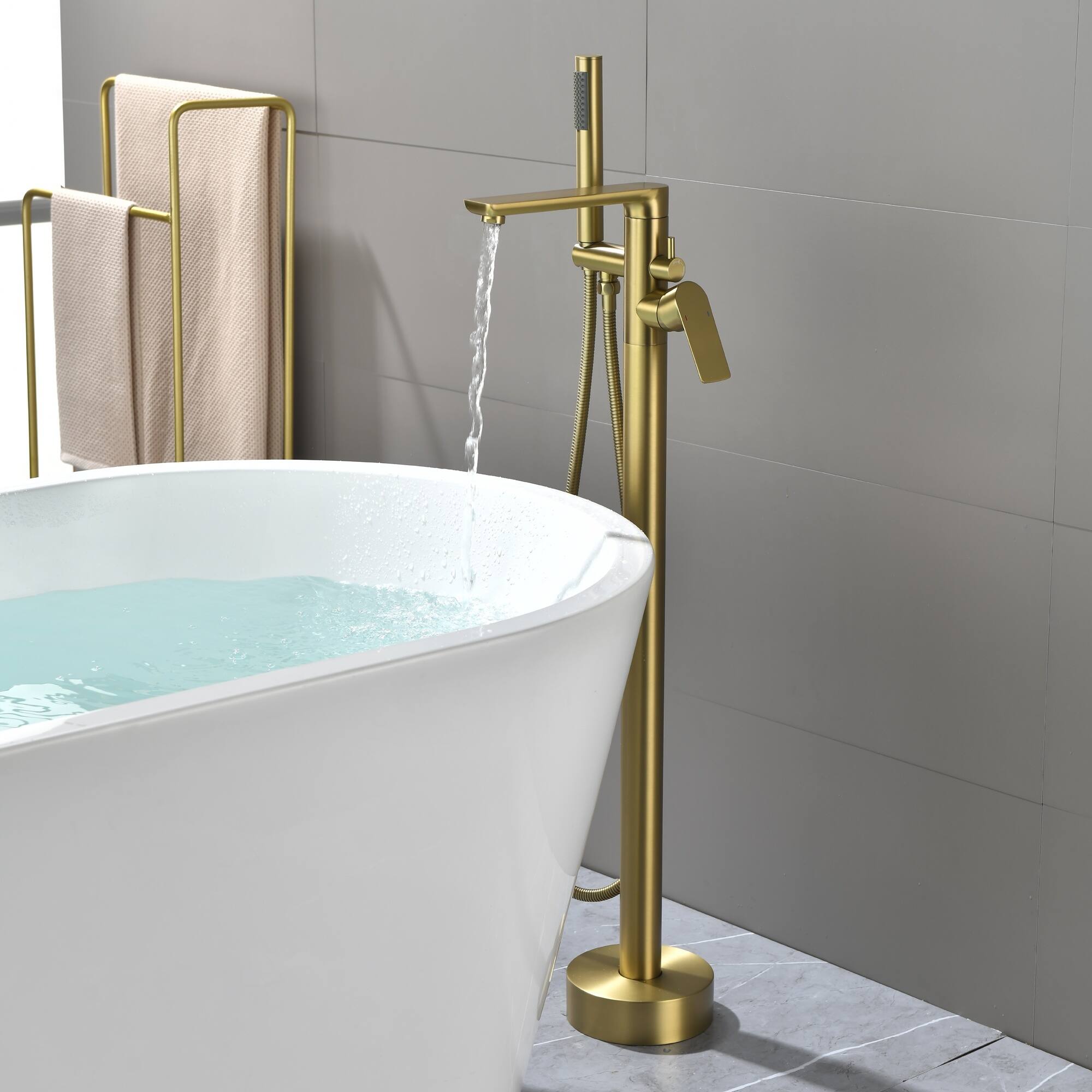 Alt View 1. Boyel Living - Brushed Gold Freestanding Bathtub Faucet Solid Brass Single Handle 360° Swivel 60-Inch Hose cUPC Certified - Brushed Gold.