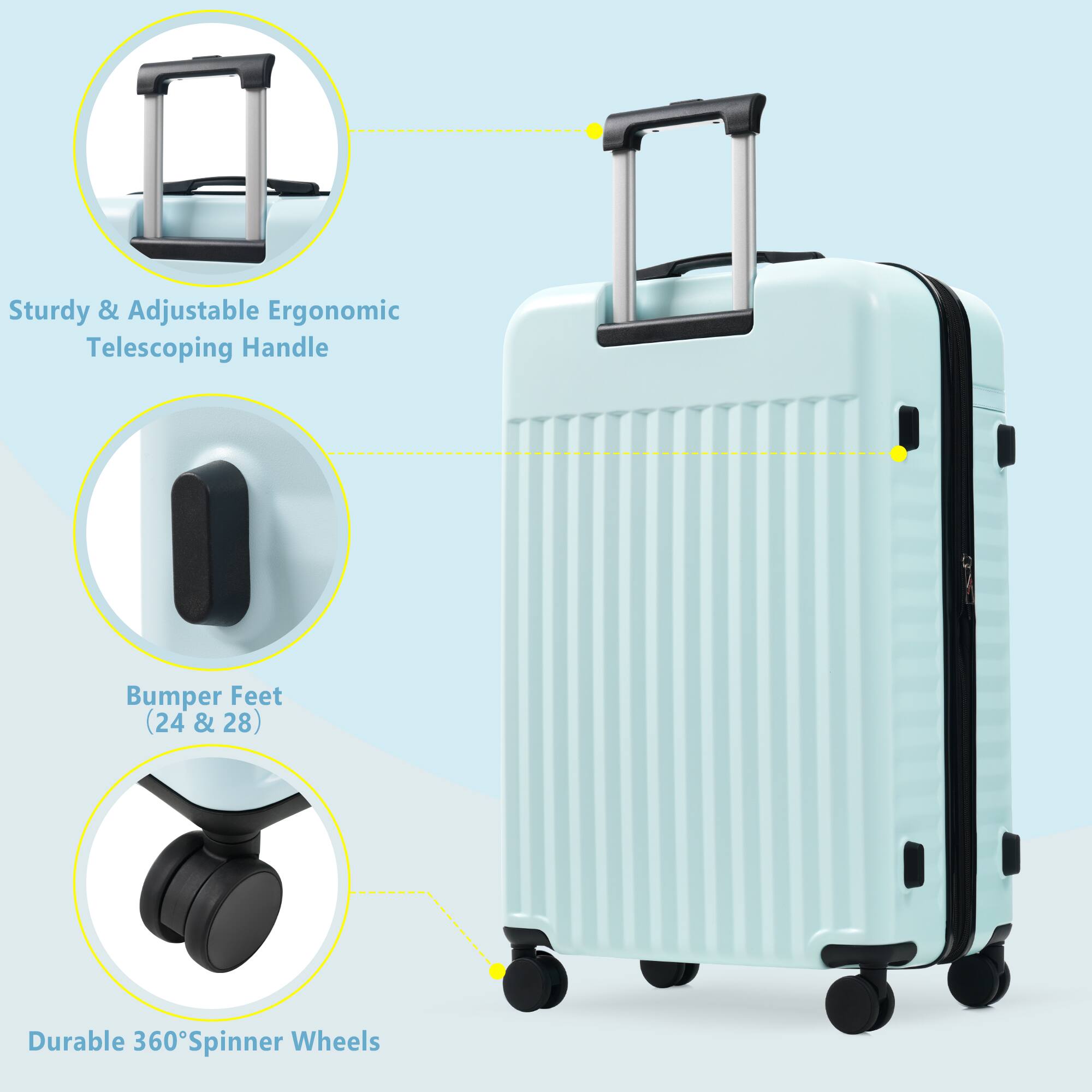 Sturdy & Adjustable Ergonomic Telescoping Handle

Bumper Feet (24 & 28)

Durable 360° Spinner Wheels