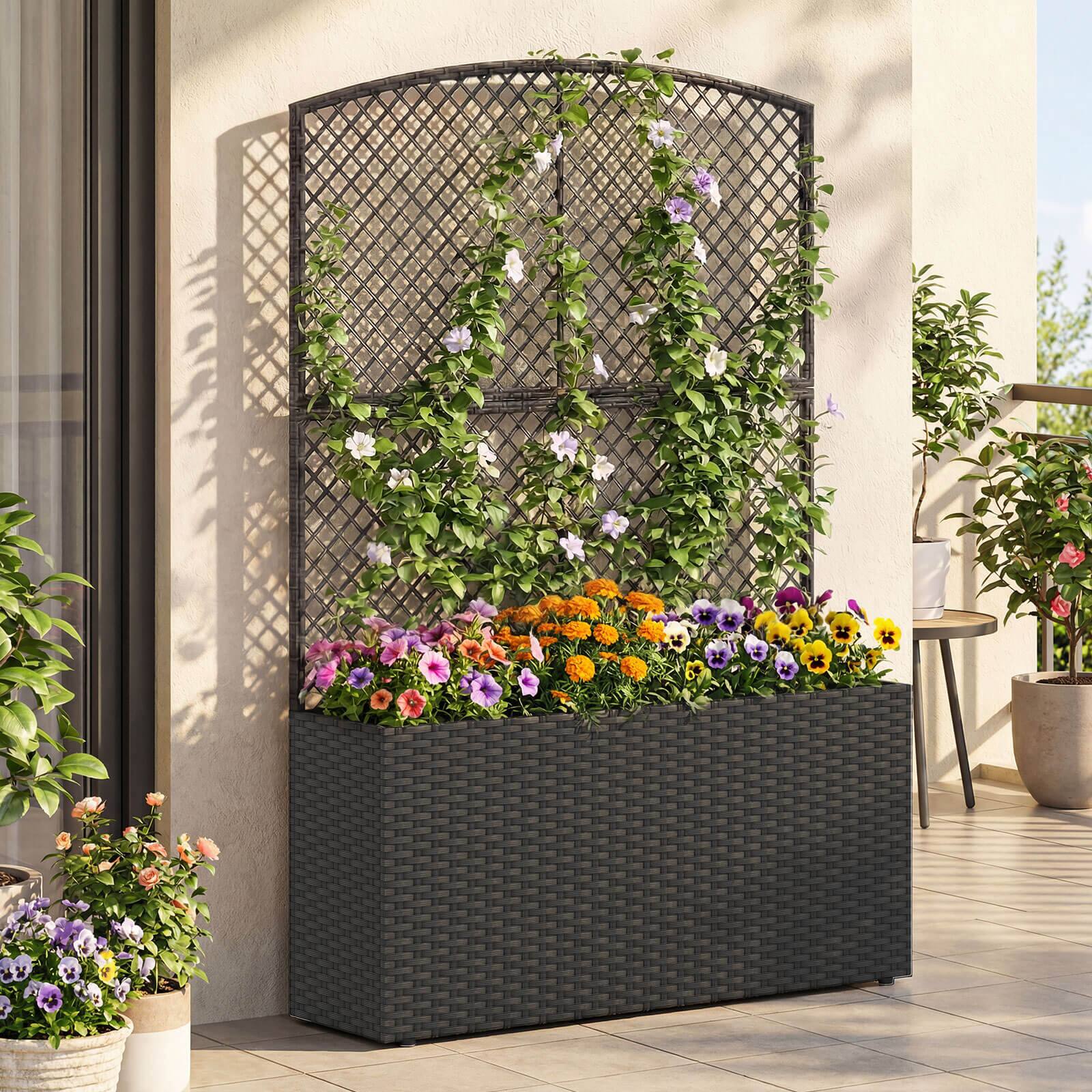 Alt View 4. Costway - Costway 1 PCS 58" Raised Garden Bed with Trellis, Wicker Planter Box with Privacy Screen - Black.