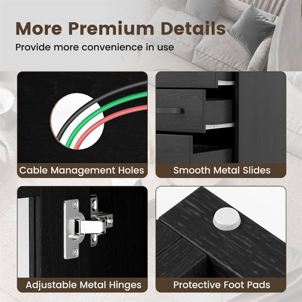 More Premium Details  
Provide more convenience in use  

- Cable Management Holes  
- Smooth Metal Slides  
- Adjustable Metal Hinges  
- Protective Foot Pads