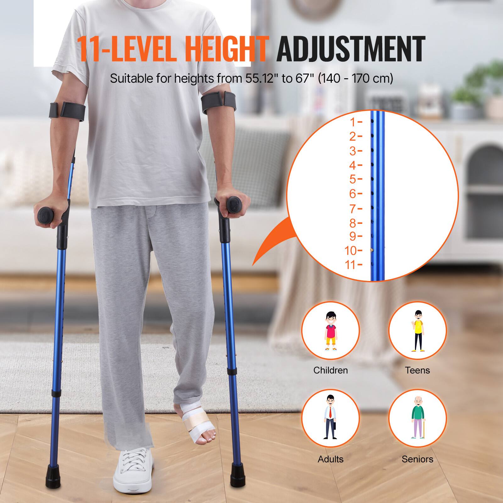 11-LEVEL HEIGHT ADJUSTMENT  
Suitable for heights from 55.12" to 67" (140 - 170 cm)  

1- 2- 3- 4- 5- 6- 7- 8- 9- 10- 11-  

Children Teens Adults Seniors