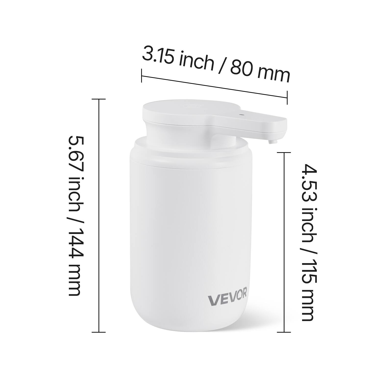 3.15 inch / 80 mm  
5.67 inch / 144 mm  
4.53 inch / 115 mm  
VEVOR