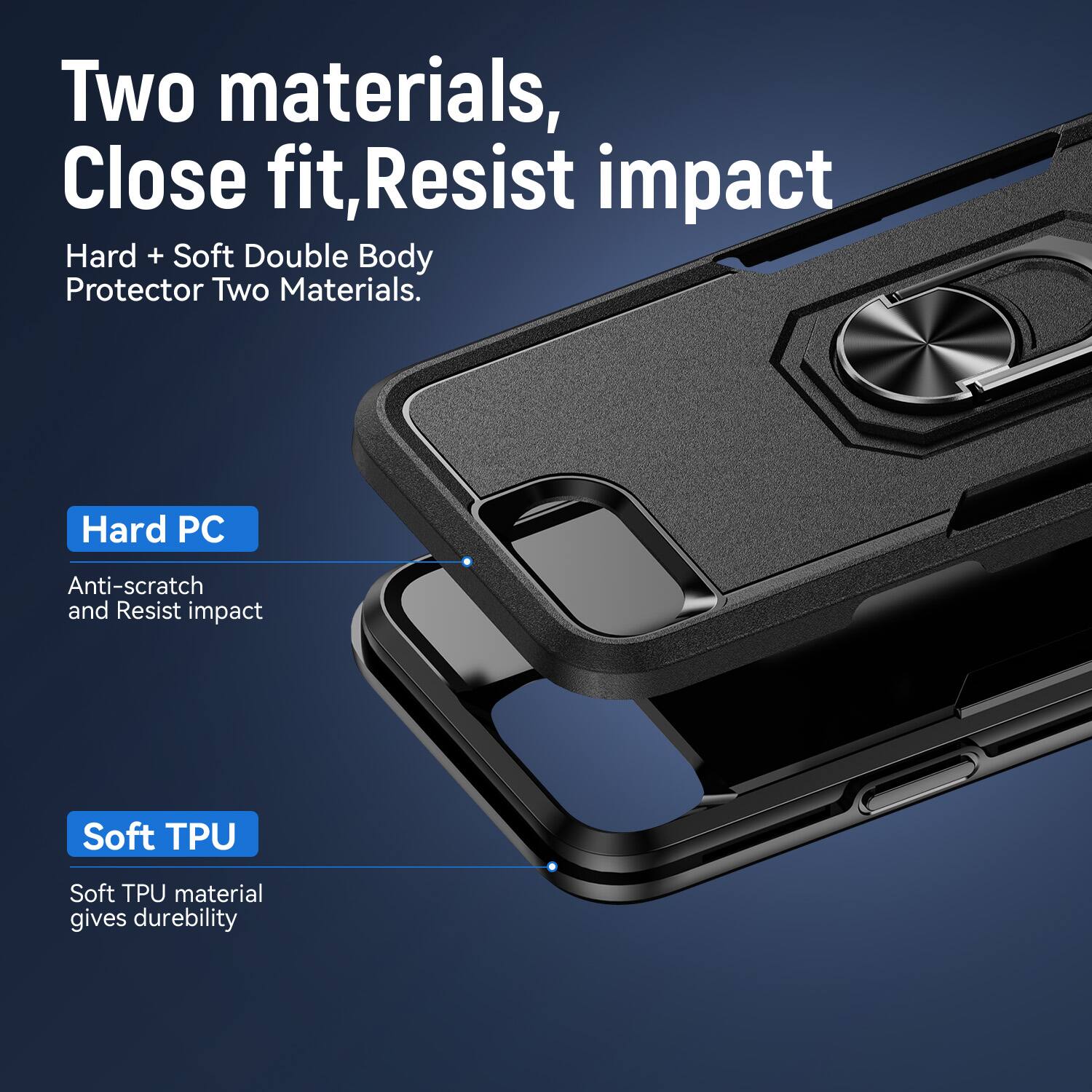 Two materials, Close fit, Resist impact  
Hard + Soft Double Body Protector Two Materials.  
Hard PC  
Anti-scratch and Resist impact  
Soft TPU  
Soft TPU material gives durability