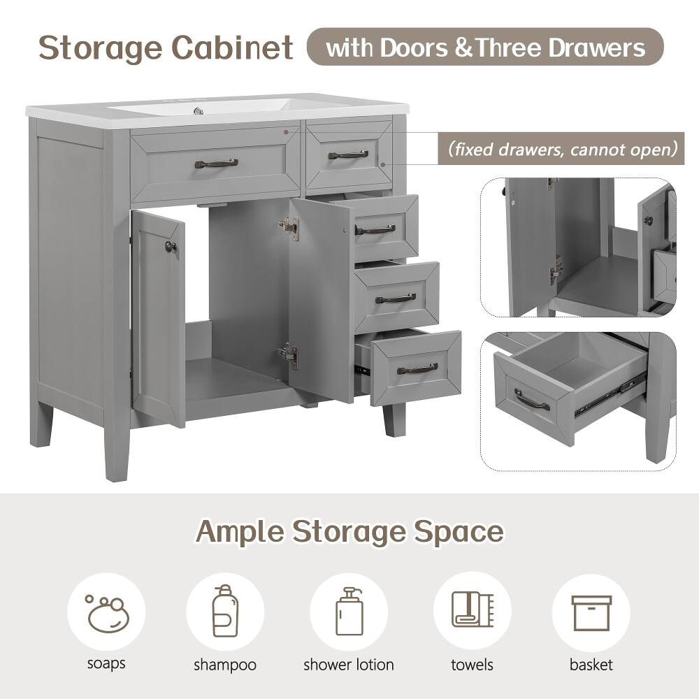 Storage Cabinet with Doors & Three Drawers  
(fixed drawers, cannot open)  
Ample Storage Space  
soaps  
shampoo  
shower lotion  
towels  
basket