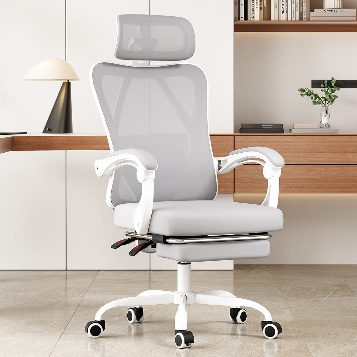Akoasm - Ergonomic Mesh Office Chair with Footrest, Headrest, Adjustable Lumbar Support for Home Office-Grey - Gray