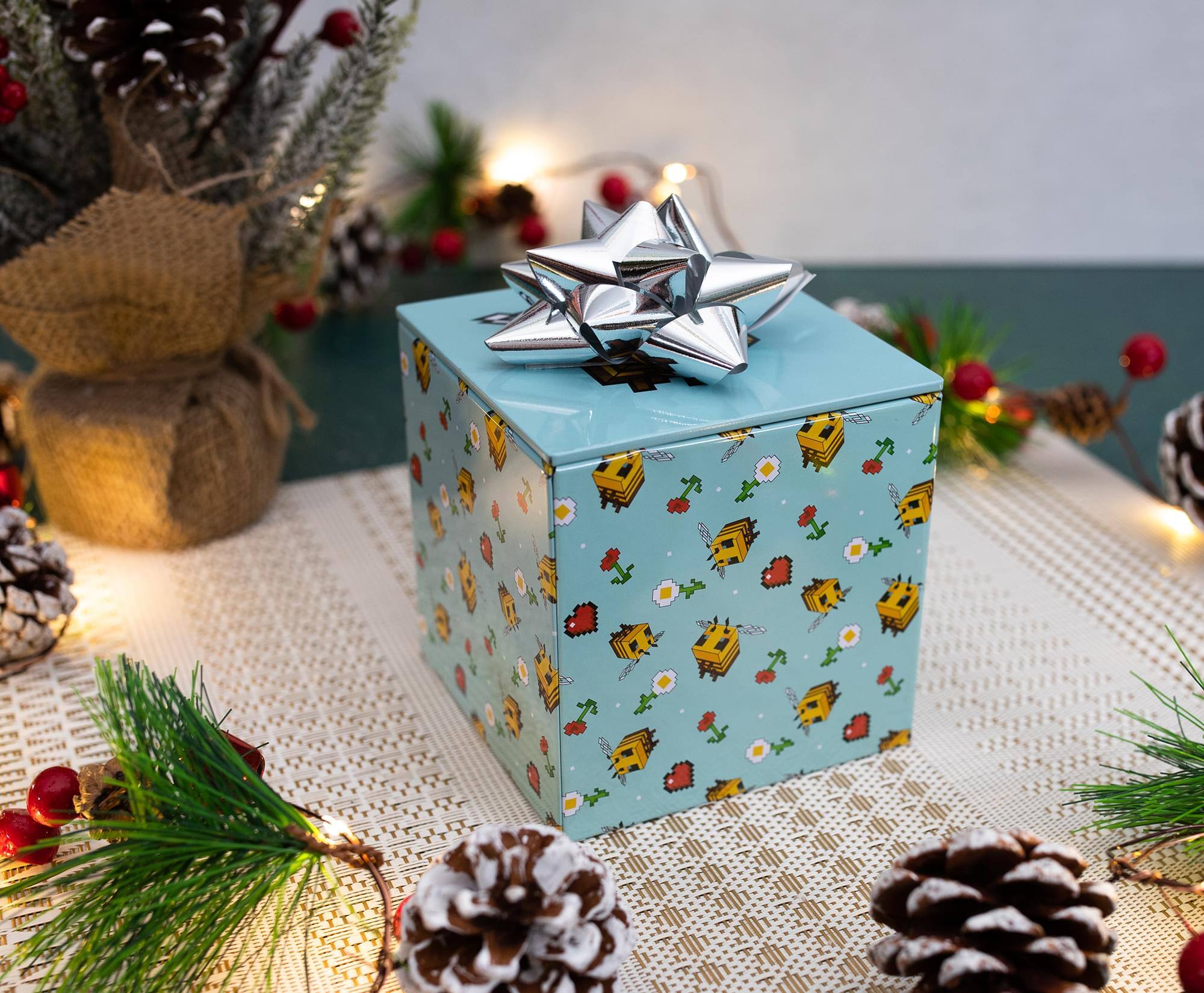 Alt View 10. Ukonic - Minecraft Bee Pattern Tin Storage Box Cube Organizer with Lid | 4 Inches - Yellow.