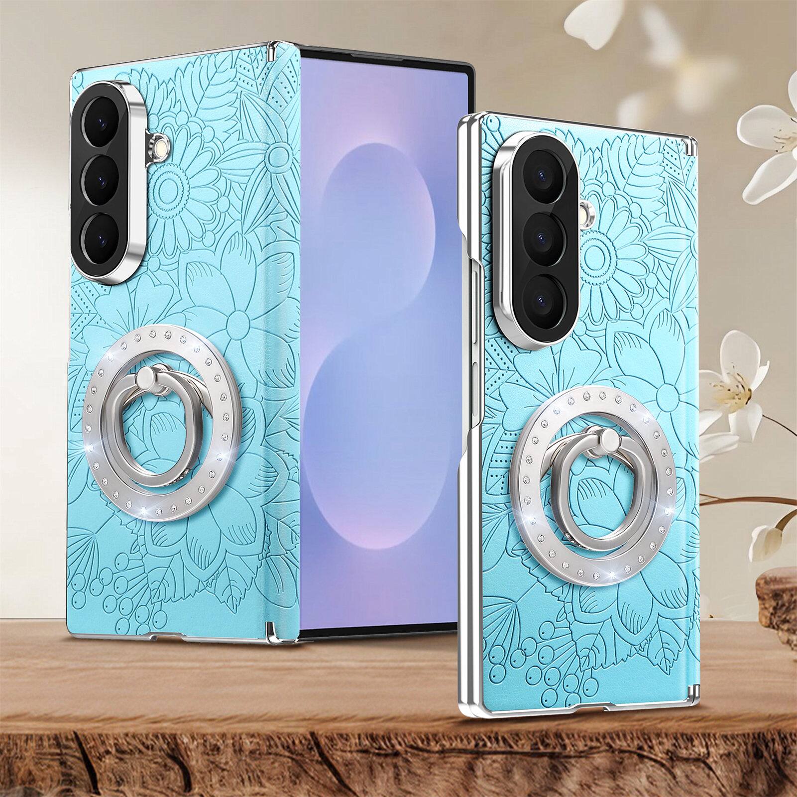 Alt View 4. Dteck - Shockproof Leather Texture Case for Samsung Galaxy Z Fold8 Ultra with Ring Stand, Magnetic Rigid Plastic Hinge Cover - Blue.