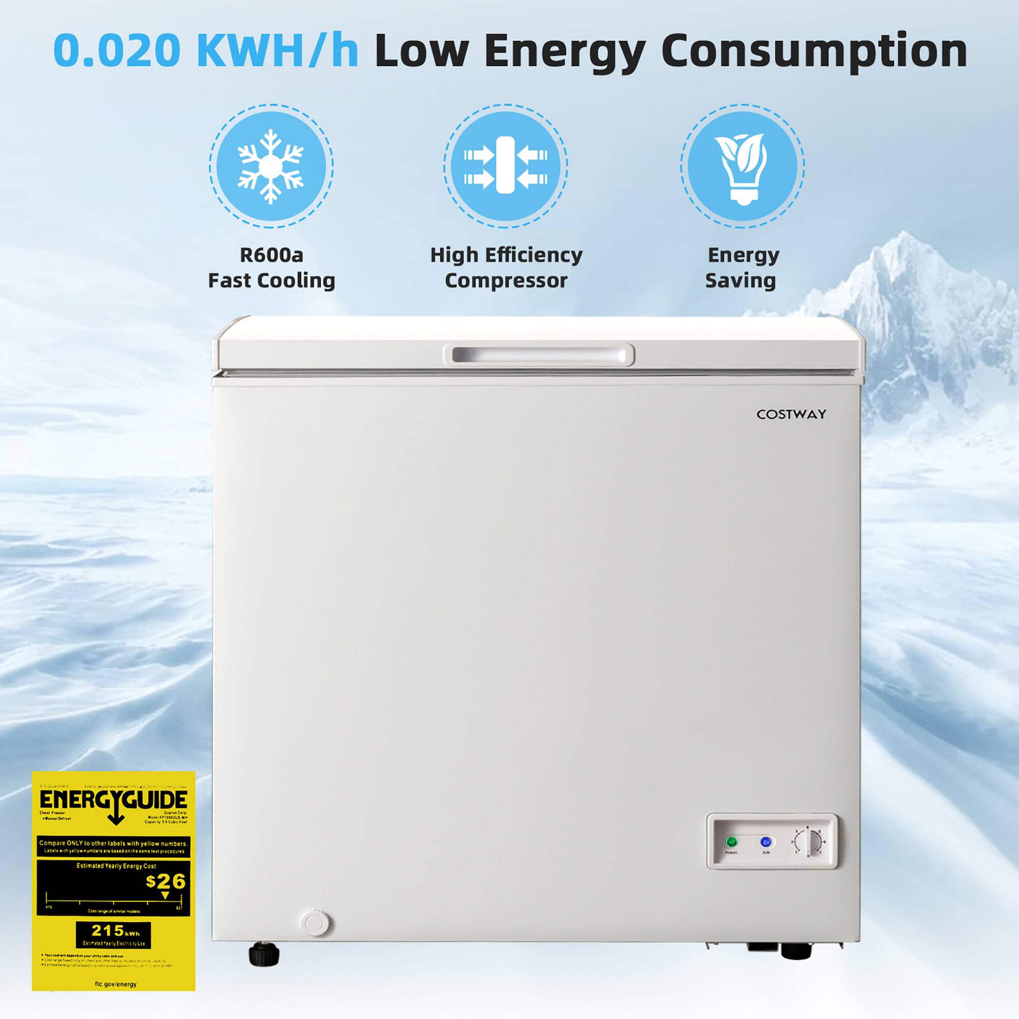 The text on the image reads: "0.020 KWH/h Low Energy Consumption R600a Fast Cooling High Efficiency Compressor Energy Saving COSTWAY."
