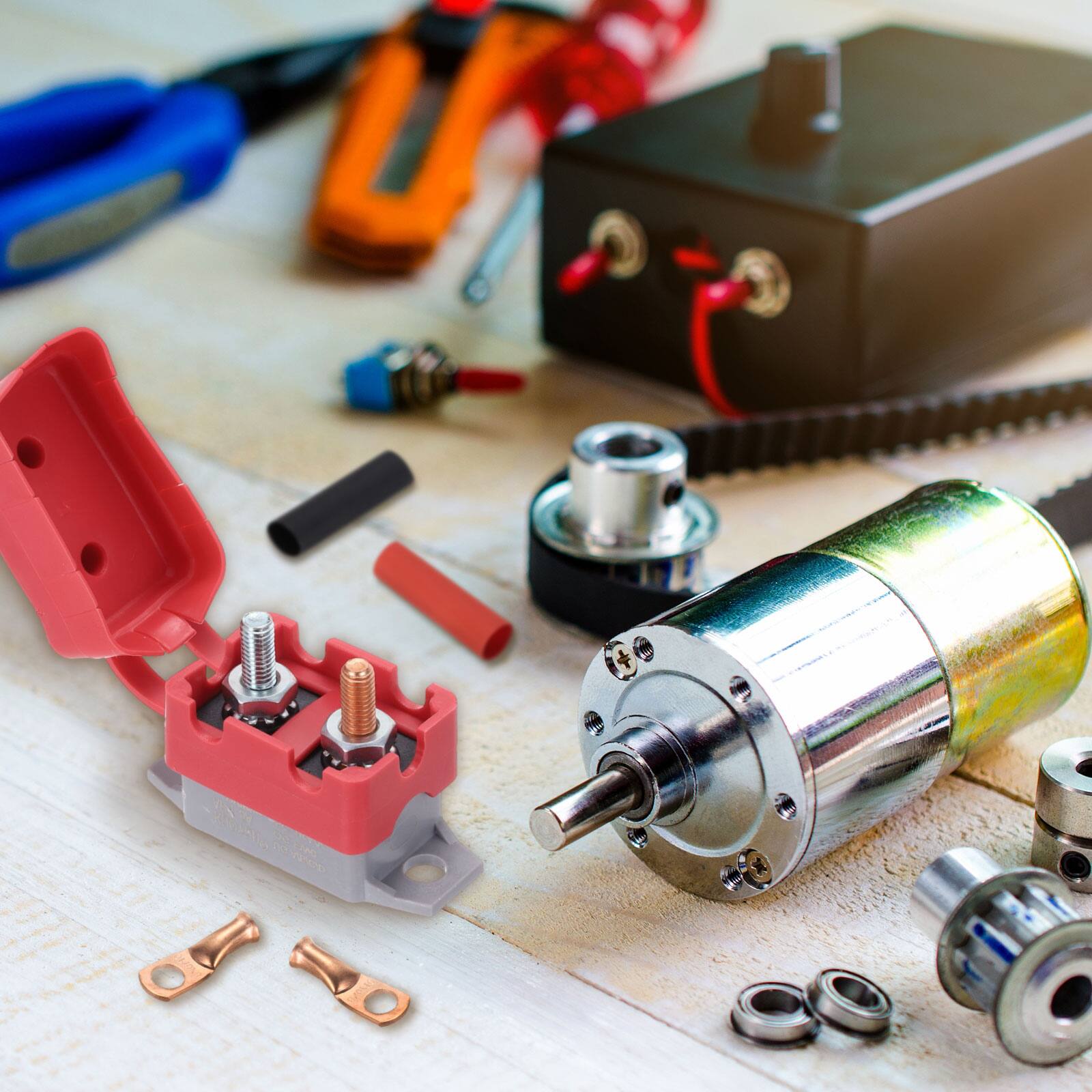 Alt View 3. Unique Bargains - 2Set DC50V AC125/250V 35A CB, Auto Reset Stud Bolt Type, Cover, Screws, Wire Clamps, Heat Shrink Tubing, Auto - Red, Gray.