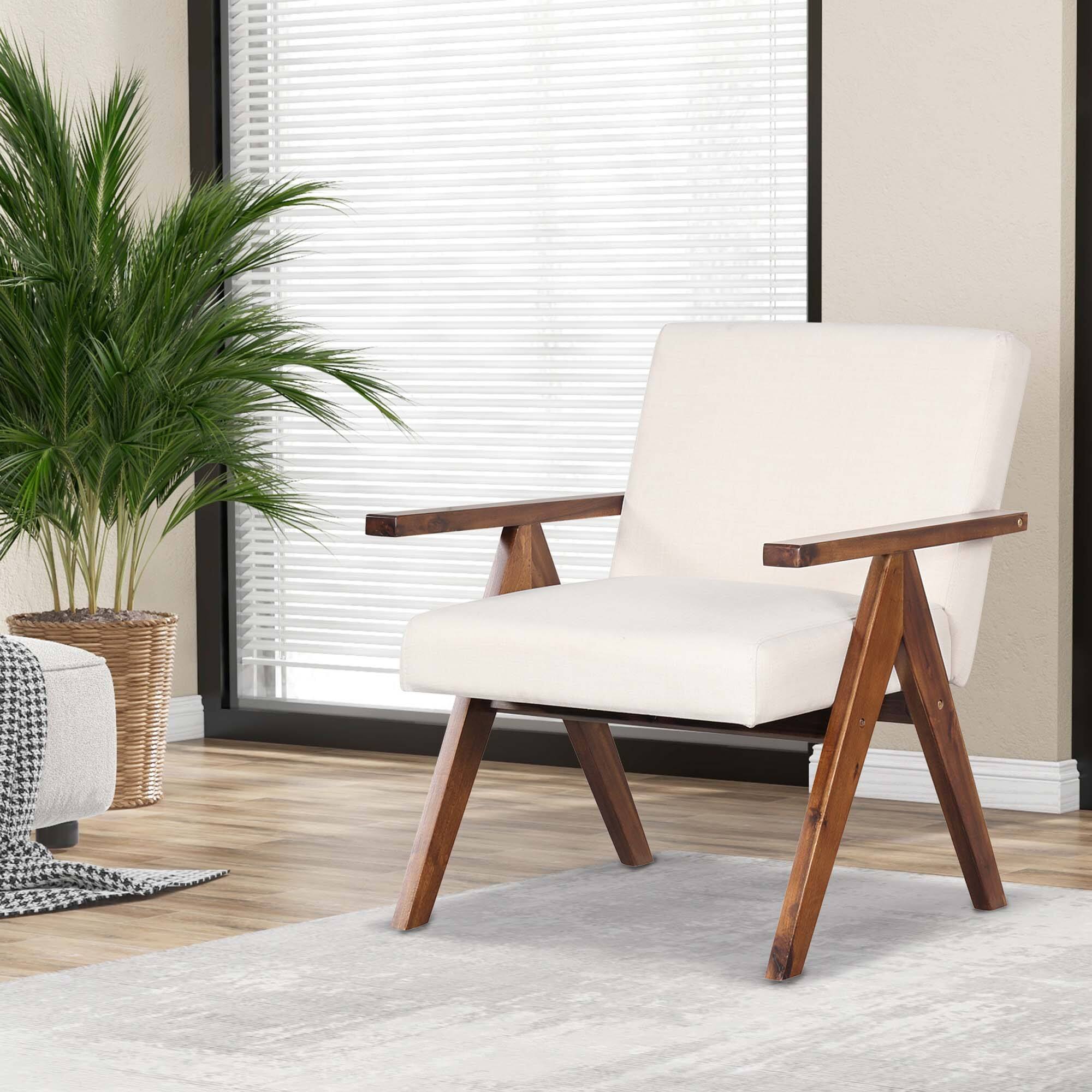 Alt View 3. Costway - Costway 1 PCS Modern Accent Chair Linen Fabric Armchair with Solid Acacia Wood Frame - Beige.