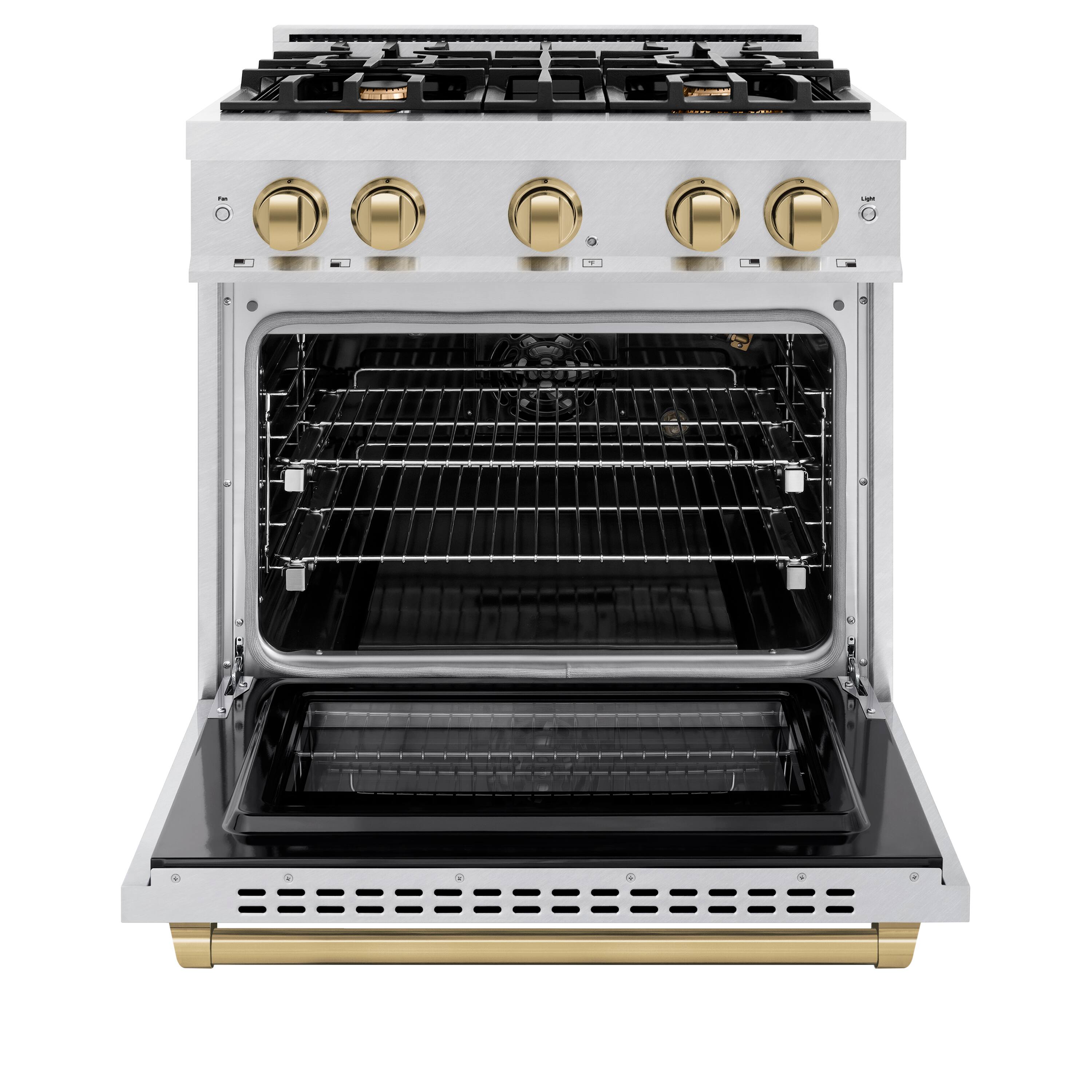 Left. ZLINE - ZLINE Autograph 30 in. 4.2 cu. ft. Freestanding Select Satin Steel Gas Range w/ 4 Burners & Bronze Accents - Satin Stainless Steel.