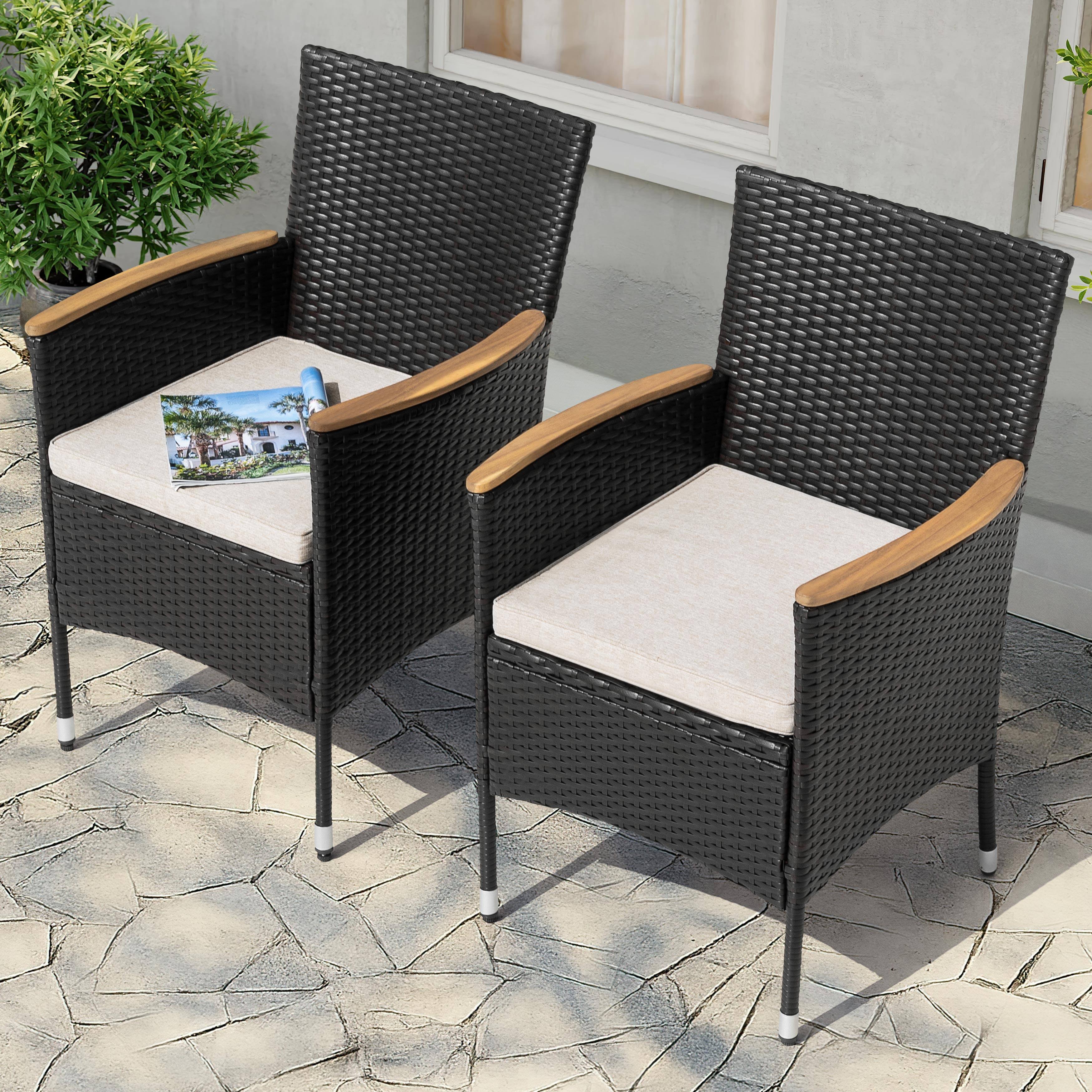 Alt View 8. Nuu Garden - Patio Dining Chairs Set of 2 with Cushions, High Back, Wide Seat, Handwoven Wicker, Acacia Wood Armrests - Black and Beige.