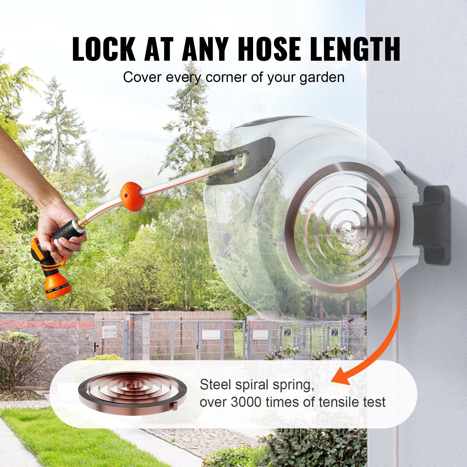 LOCK AT ANY HOSE LENGTH  
Cover every corner of your garden  

Steel spiral spring, over 3000 times of tensile test