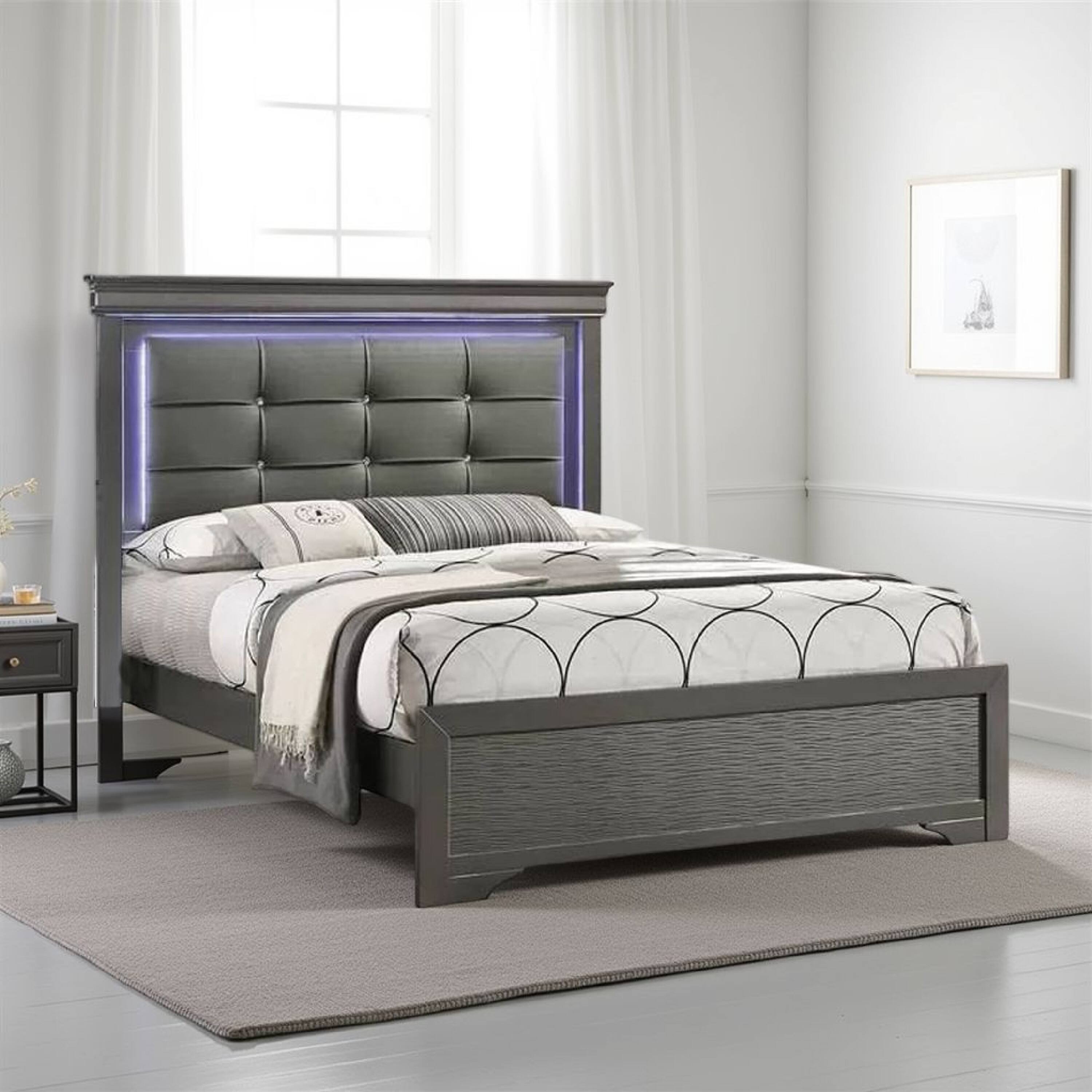 Alt View 3. Manhattan Lane - Grin Queen Size Bed, LED Headboard, Gray Faux Leather Upholstery - Gray.