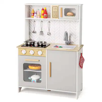 Front. Costway - Costway Kids Kitchen Playset with Lights Sounds Microwave Stoves Oven Cooking Accessories - White.