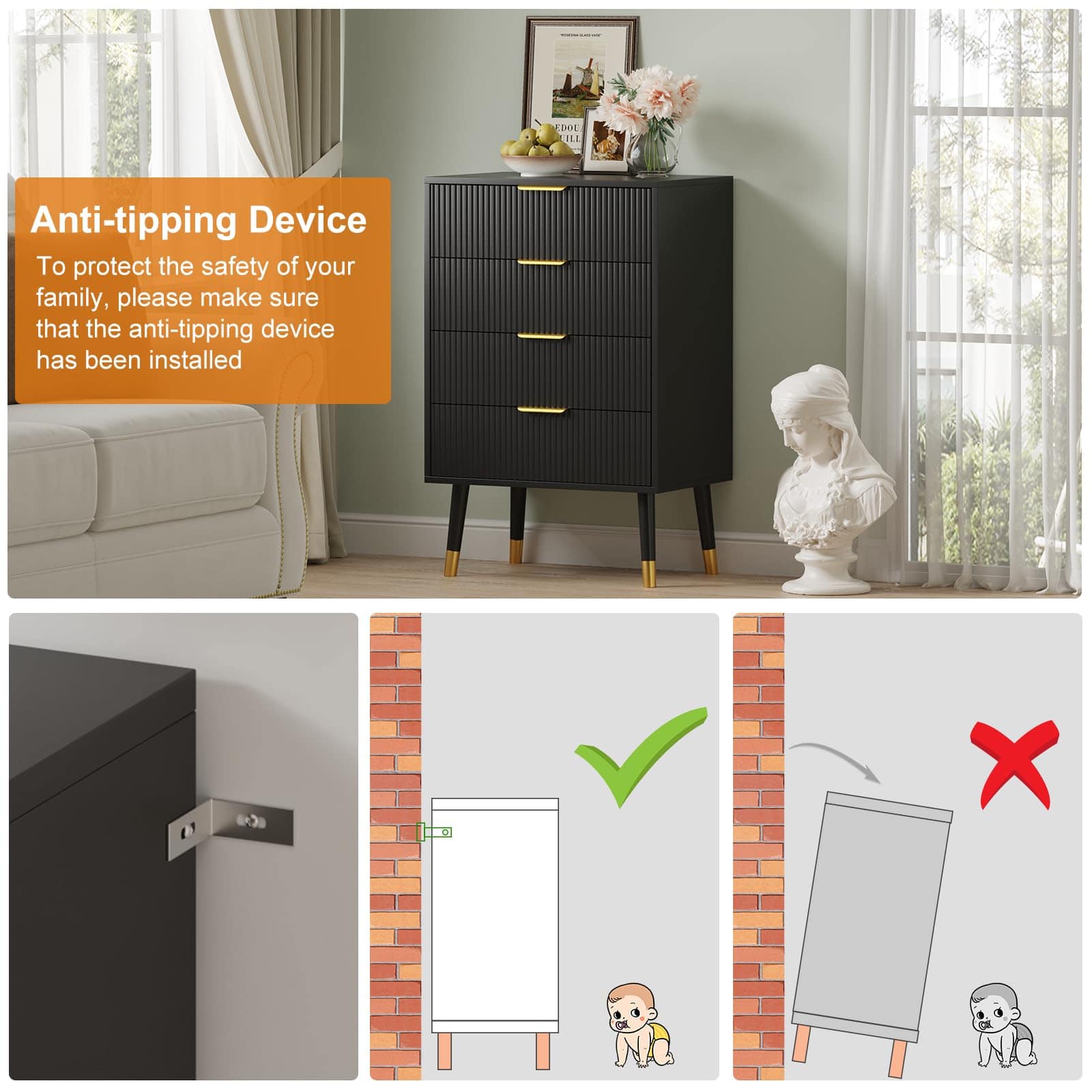 GARVEE - 4 Drawer Dresser for Bedroom, Modern Closet Dressers Chest of Drawers, Storage Dresser Chest Cabinet Organizer Unit - Black